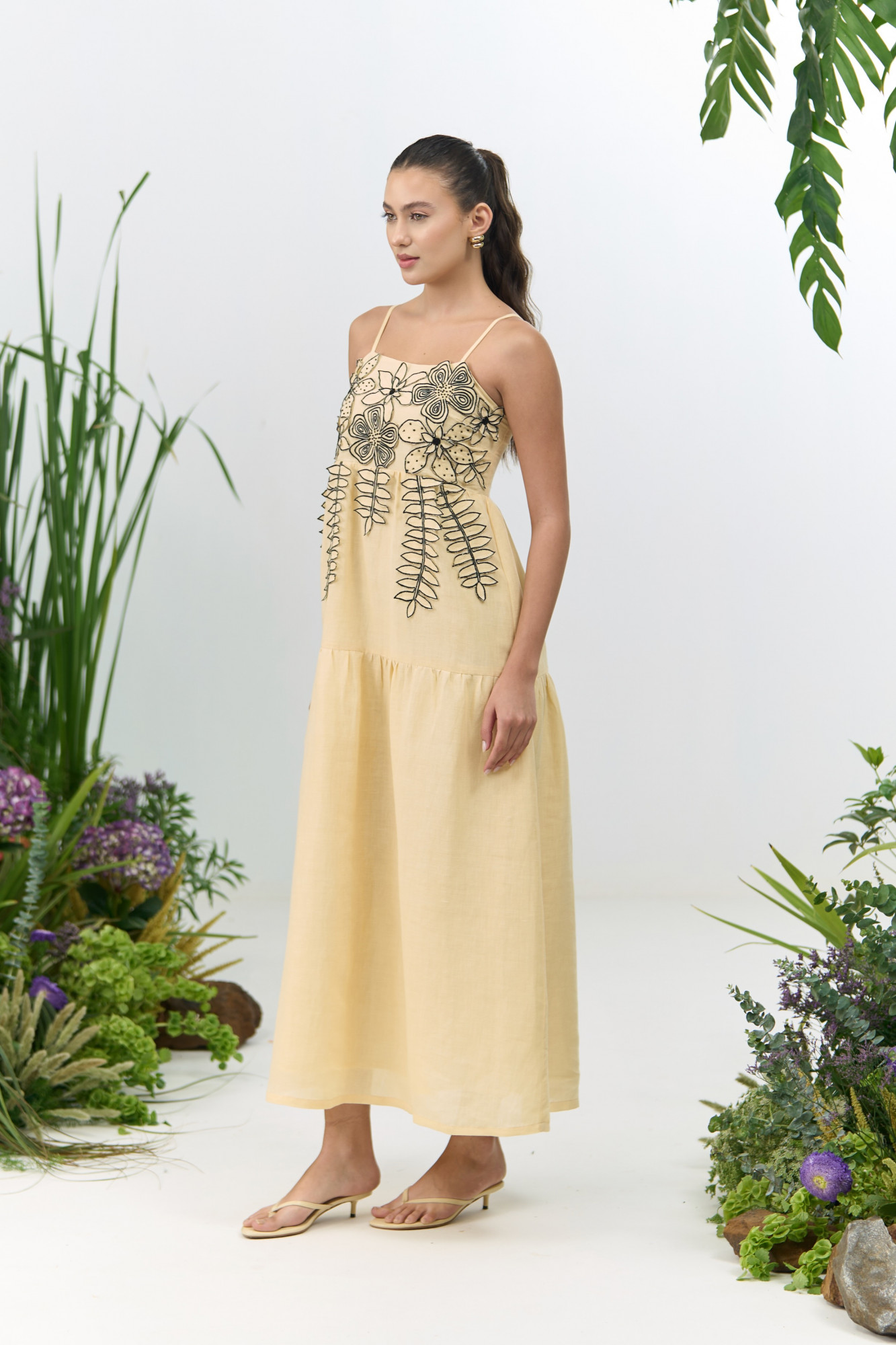 ATELIER RIVIERA BUTTERMILK COLOR COTTON LINEN MIDI LENGTH DRESS WITH 3D FLOWER EMBROIDERY