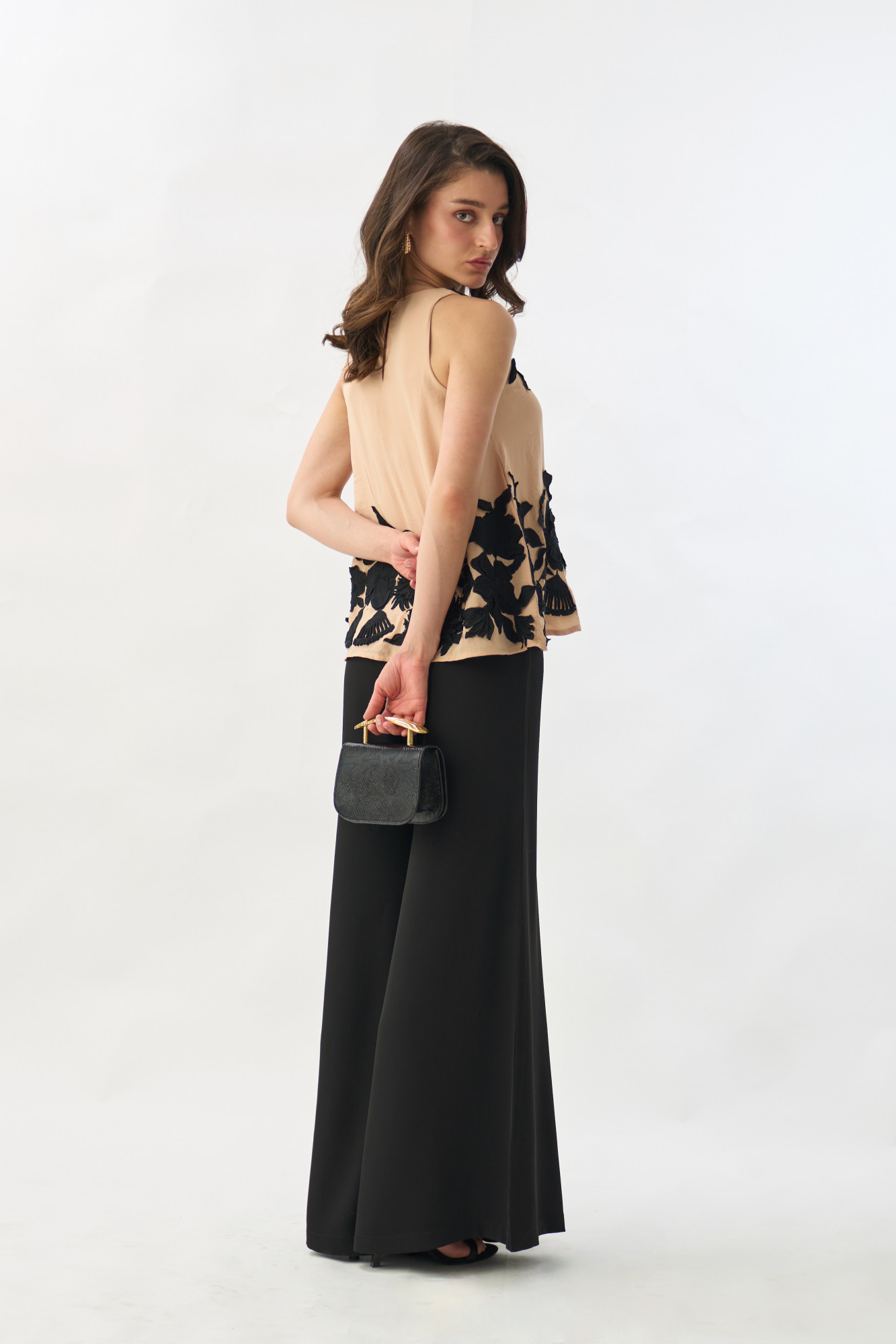 GARDEN OF SICILIA BEIDE COLOR EMBROIDERED TOP WITH BLACK COLOR PANT CO-ORD SET