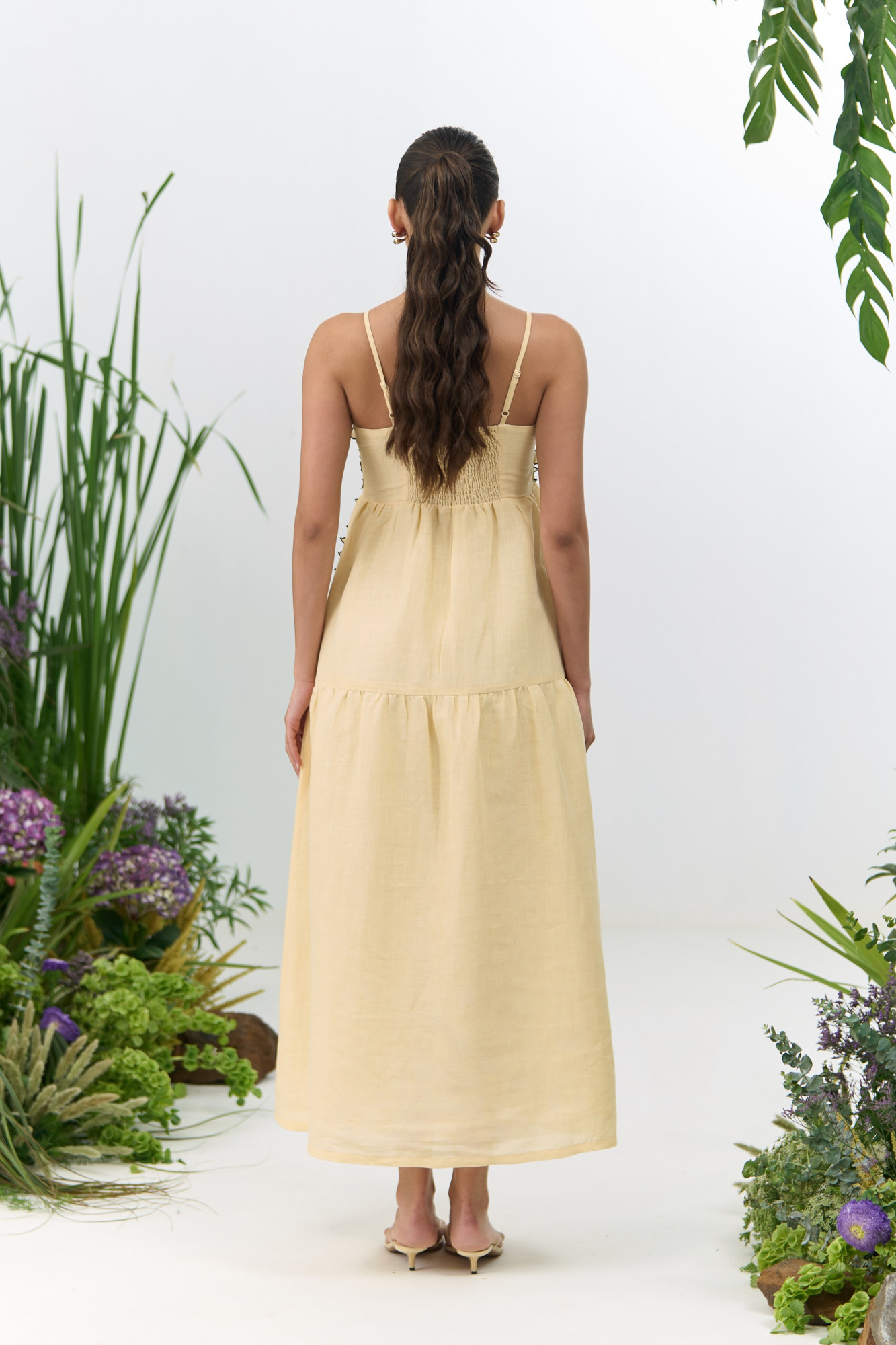 ATELIER RIVIERA BUTTERMILK COLOR COTTON LINEN MIDI LENGTH DRESS WITH 3D FLOWER EMBROIDERY