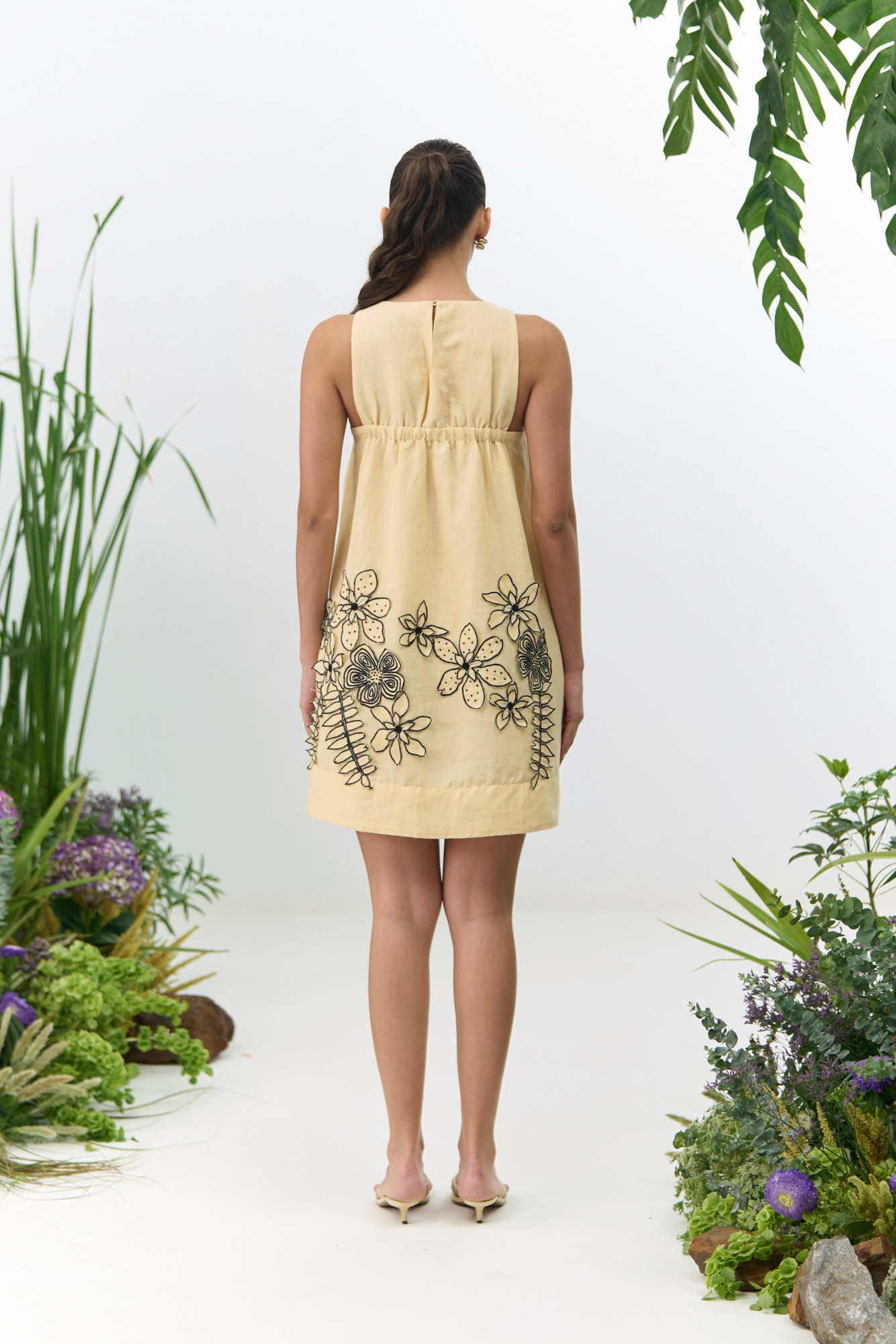 ATELIER RIVIERA BUTTERMILK COLOR COTTON LINEN SLEEVELESS KNEE LENGTH DRESS WITH 3D FLOWER EMBROIDERY