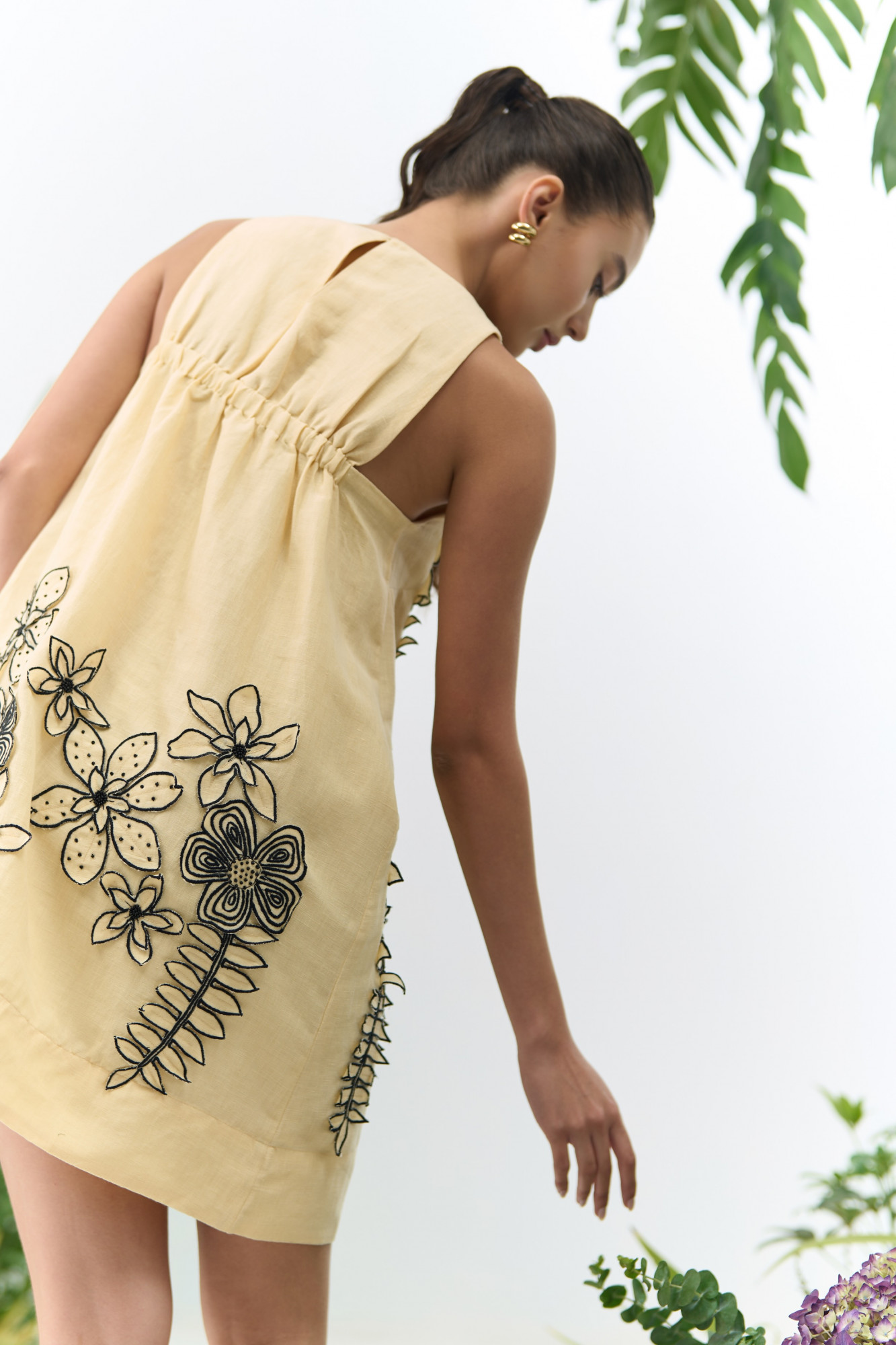 ATELIER RIVIERA BUTTERMILK COLOR COTTON LINEN SLEEVELESS KNEE LENGTH DRESS WITH 3D FLOWER EMBROIDERY