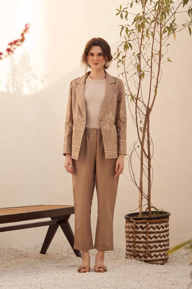 MALIBU BROWN LINEN SUMMER JACKET WITH JUTE DORI EMBROIDERY PLAIN TURNED UP HEM PANTS CO-ORDINATE