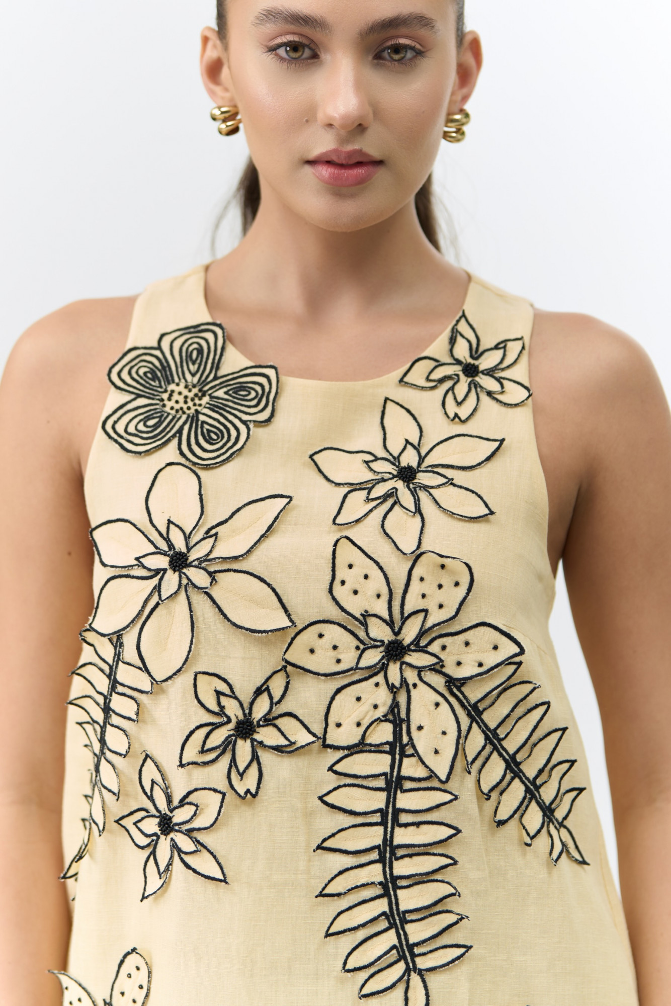 ATELIER RIVIERA BUTTERMILK COLOR COTTON LINEN SLEEVELESS KNEE LENGTH DRESS WITH 3D FLOWER EMBROIDERY