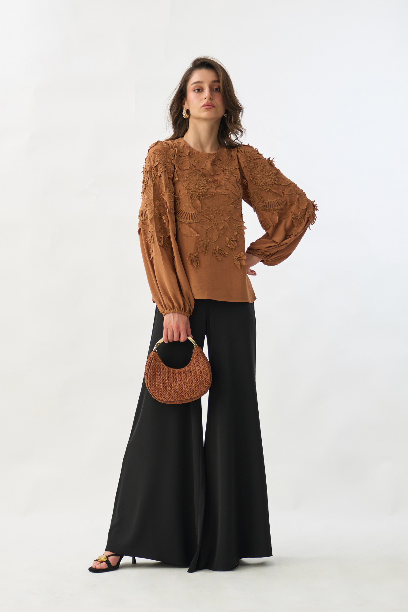 GARDEN OF SICILIA BROWN COLOR FULL SLEEVES TOP WITH DELICATE FLORAL EMBROIDERY