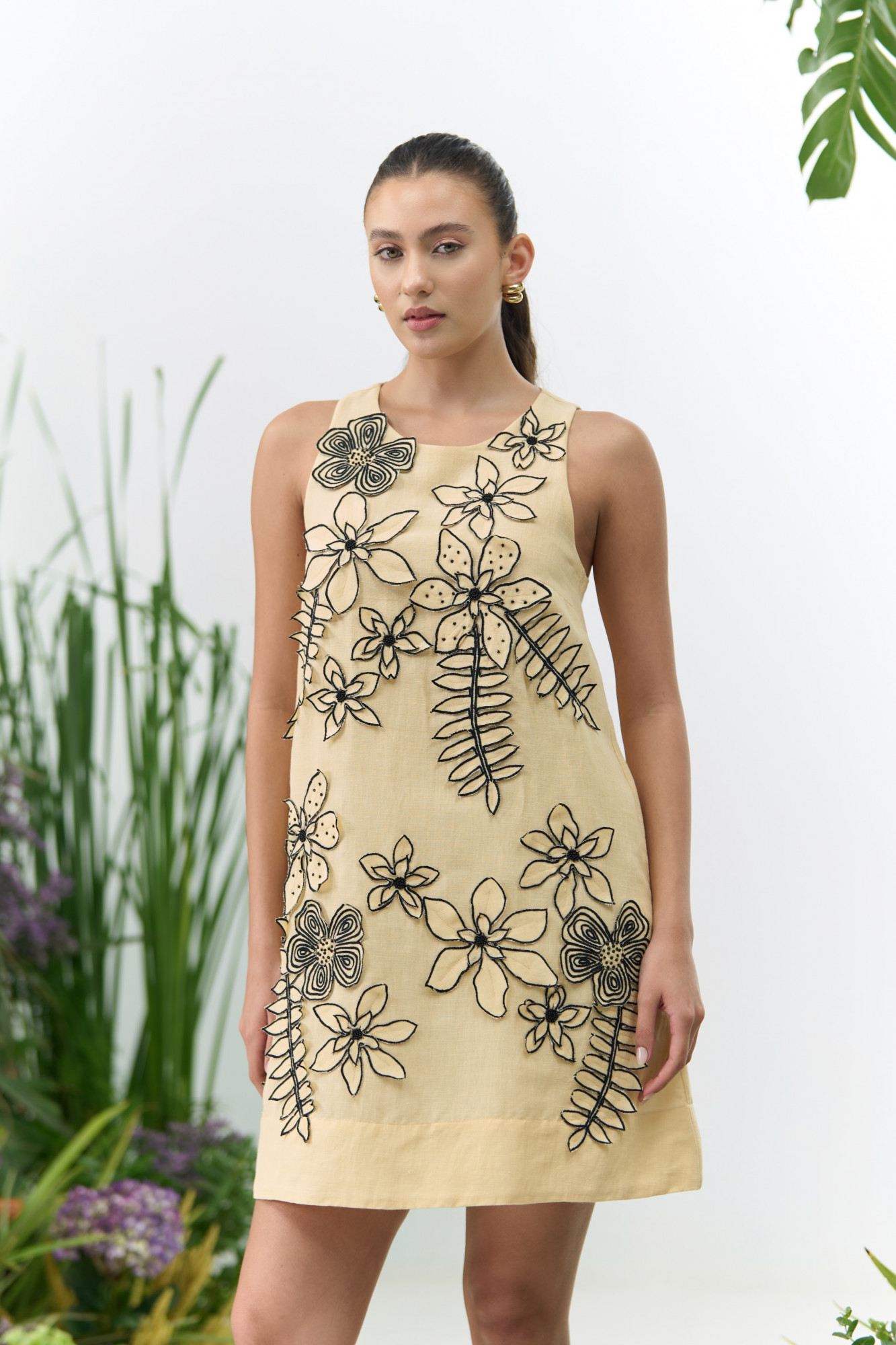 ATELIER RIVIERA BUTTERMILK COLOR COTTON LINEN SLEEVELESS KNEE LENGTH DRESS WITH 3D FLOWER EMBROIDERY
