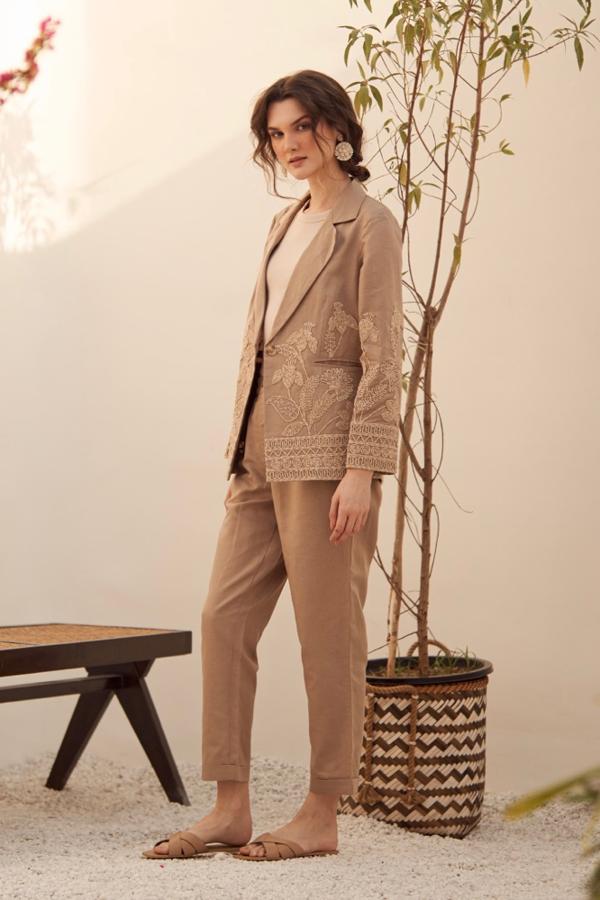 MALIBU BROWN LINEN SUMMER JACKET WITH JUTE DORI EMBROIDERY PLAIN TURNED UP HEM PANTS CO-ORDINATE