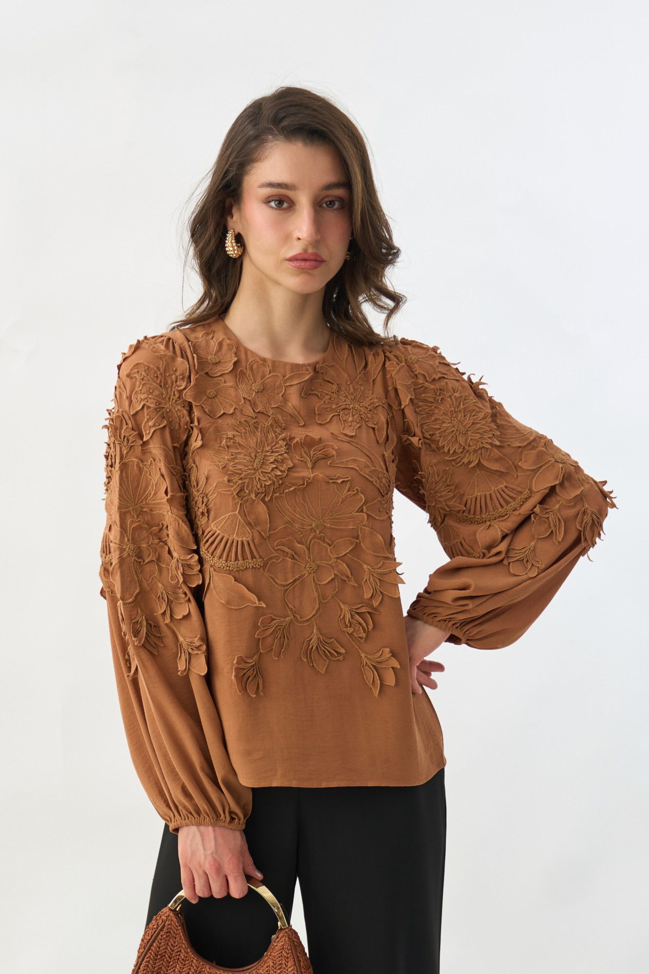 GARDEN OF SICILIA BROWN COLOR FULL SLEEVES TOP WITH DELICATE FLORAL EMBROIDERY
