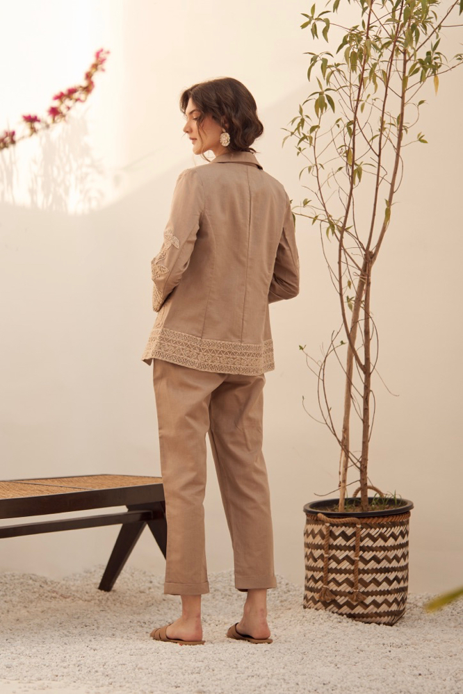 MALIBU BROWN LINEN SUMMER JACKET WITH JUTE DORI EMBROIDERY PLAIN TURNED UP HEM PANTS CO-ORDINATE