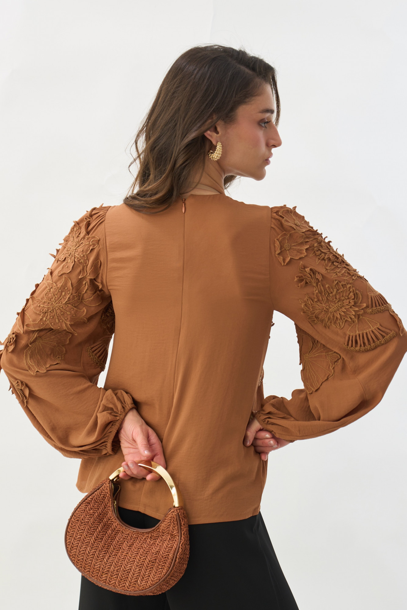 GARDEN OF SICILIA BROWN COLOR FULL SLEEVES TOP WITH DELICATE FLORAL EMBROIDERY