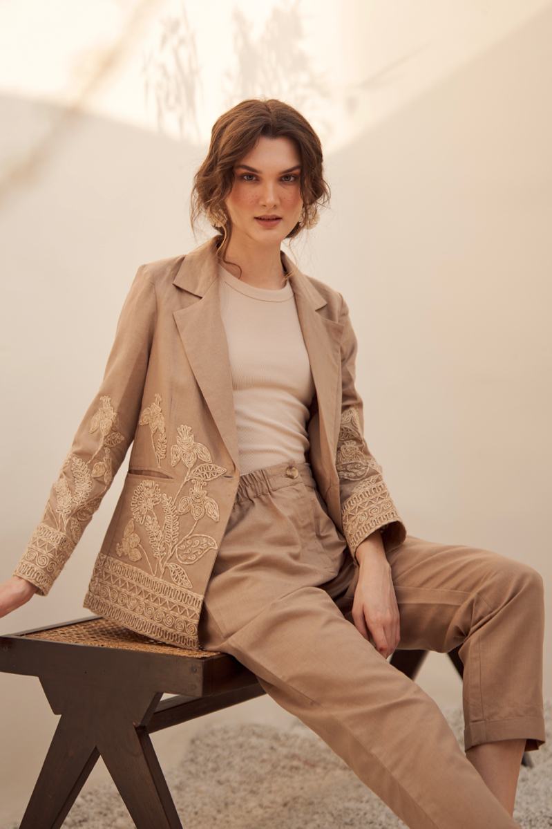 MALIBU BROWN LINEN SUMMER JACKET WITH JUTE DORI EMBROIDERY PLAIN TURNED UP HEM PANTS CO-ORDINATE