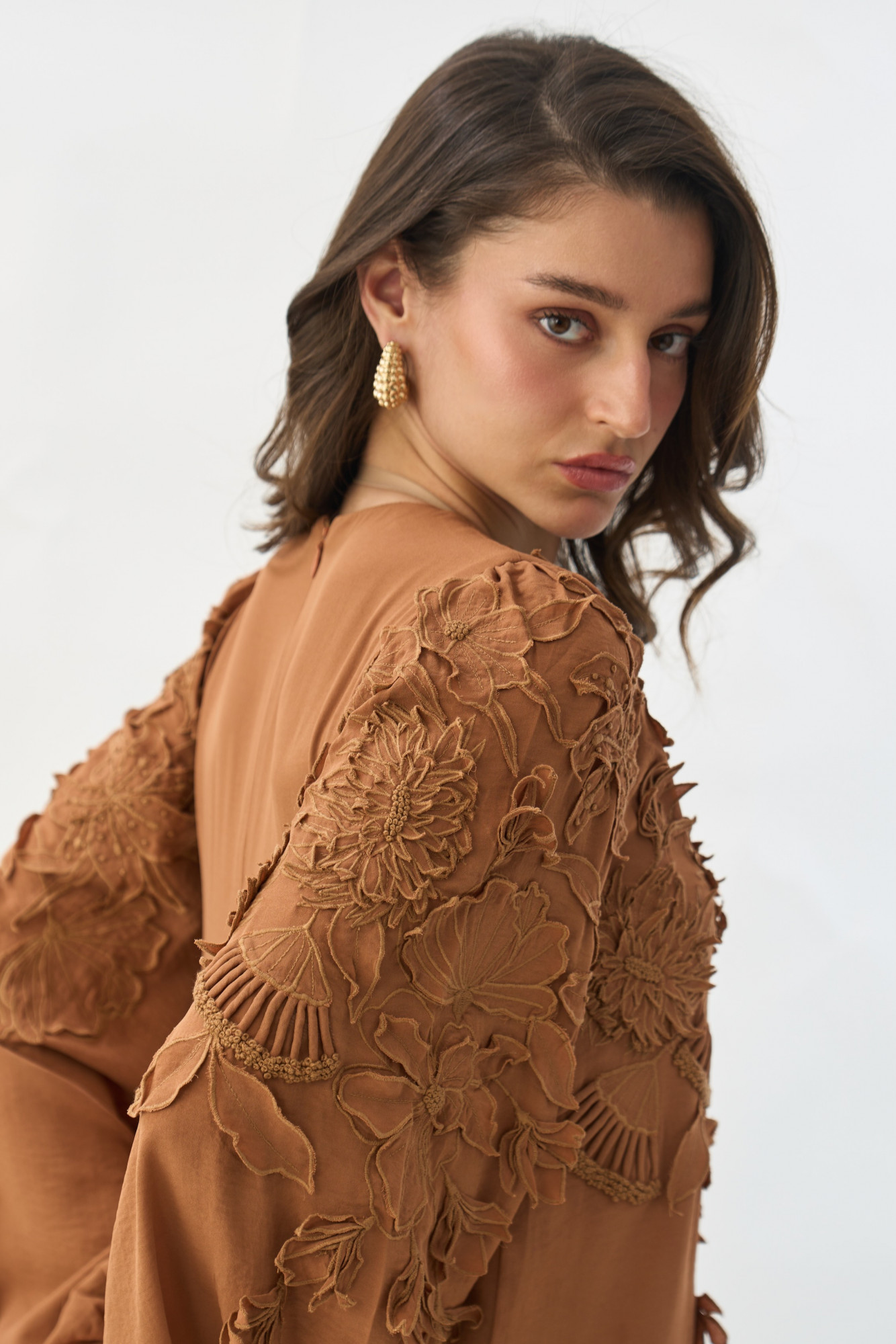 GARDEN OF SICILIA BROWN COLOR FULL SLEEVES TOP WITH DELICATE FLORAL EMBROIDERY
