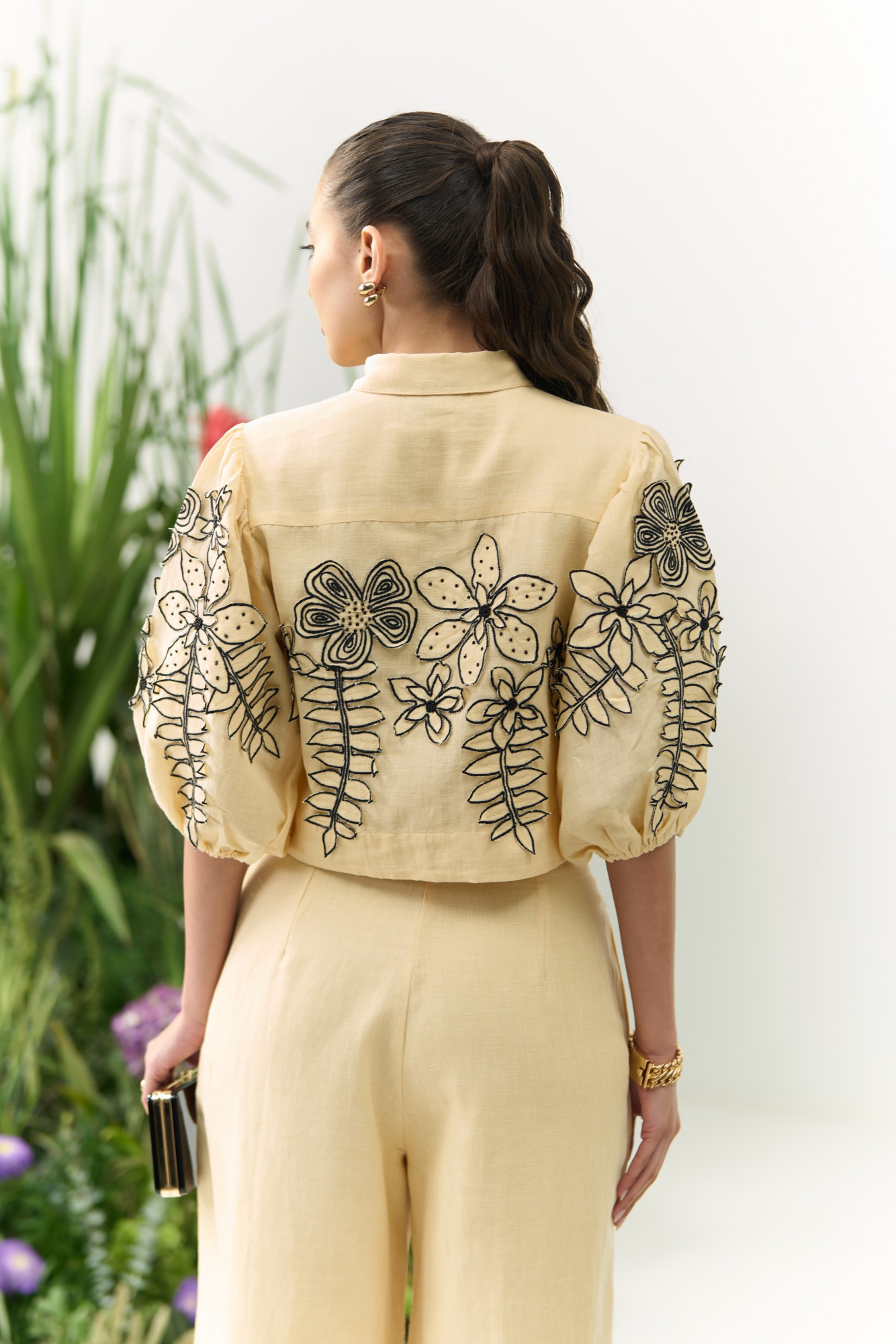 ATELIER RIVIERA BUTTERMILK COLOR COTTON LINEN CROPPED SHIRT PANTS CO-ORD SET WITH 3D FLOWER EMBROIDERY