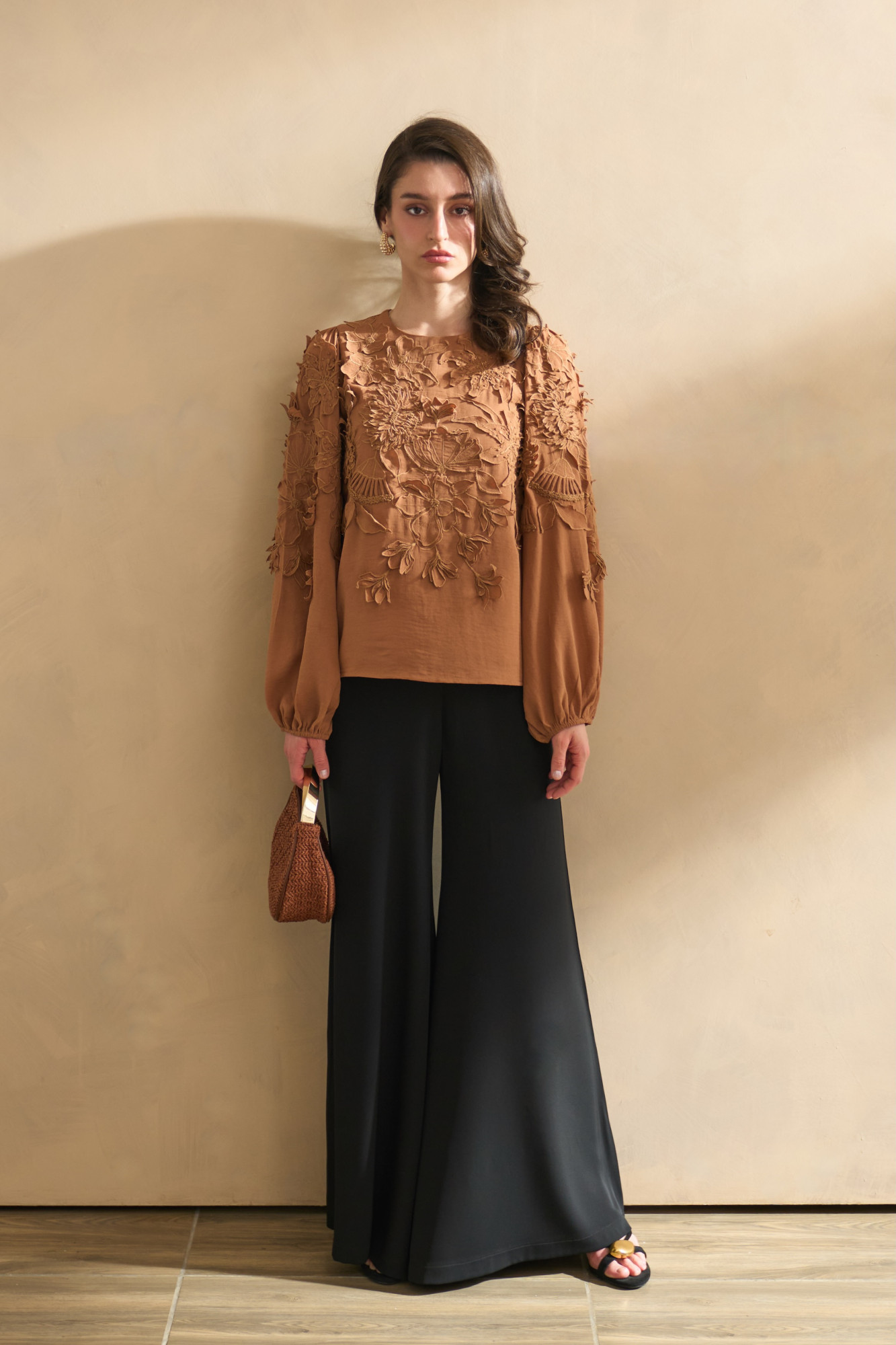 GARDEN OF SICILIA BROWN COLOR FULL SLEEVES TOP WITH DELICATE FLORAL EMBROIDERY