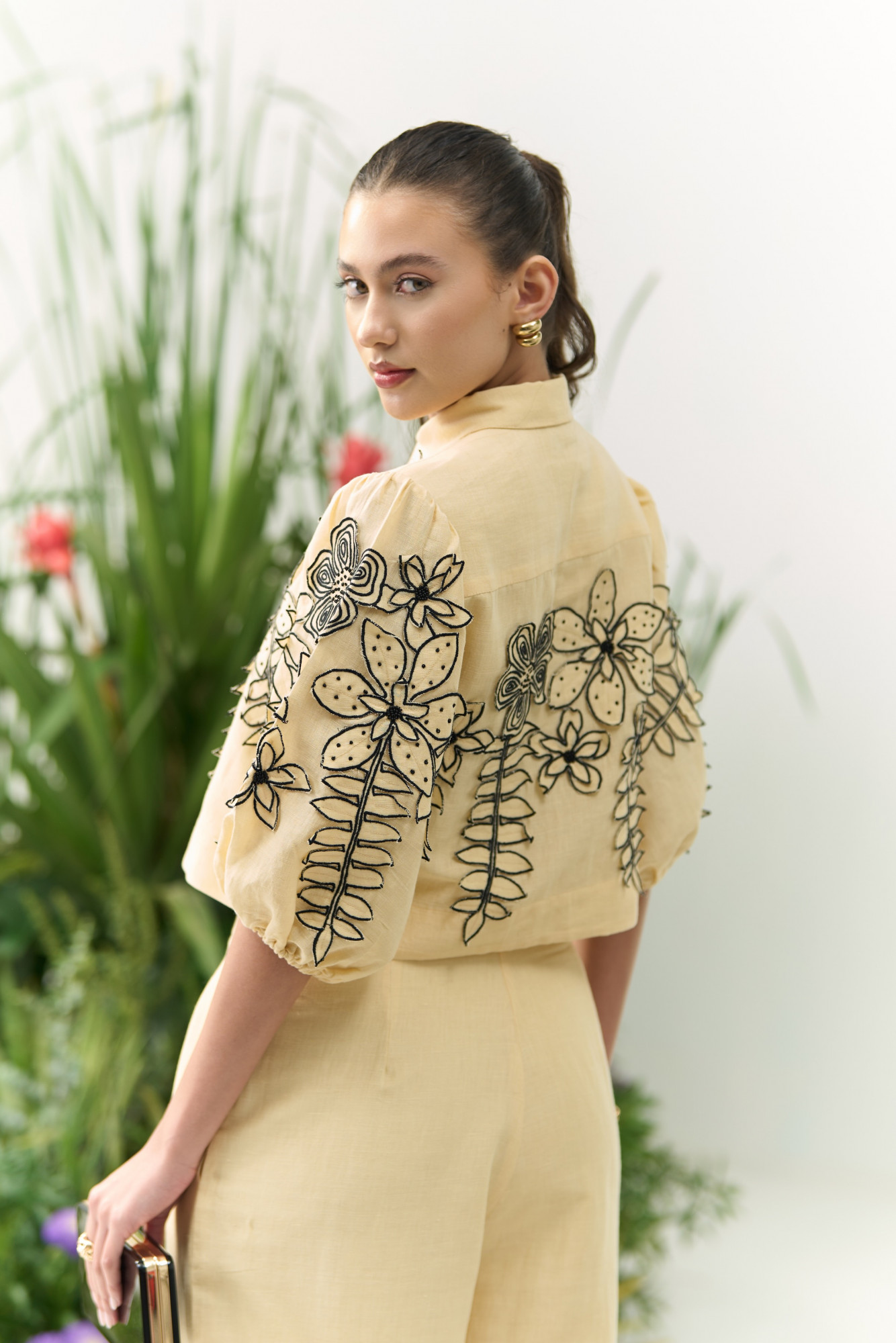 ATELIER RIVIERA BUTTERMILK COLOR COTTON LINEN CROPPED SHIRT PANTS CO-ORD SET WITH 3D FLOWER EMBROIDERY