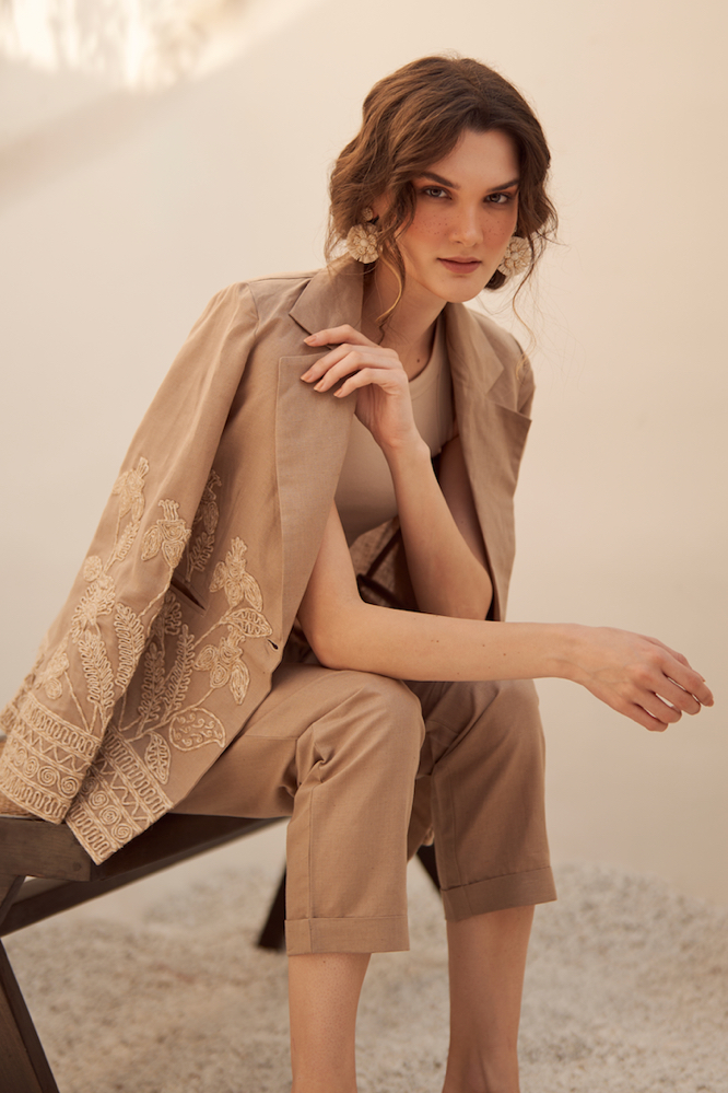 MALIBU BROWN LINEN SUMMER JACKET WITH JUTE DORI EMBROIDERY PLAIN TURNED UP HEM PANTS CO-ORDINATE
