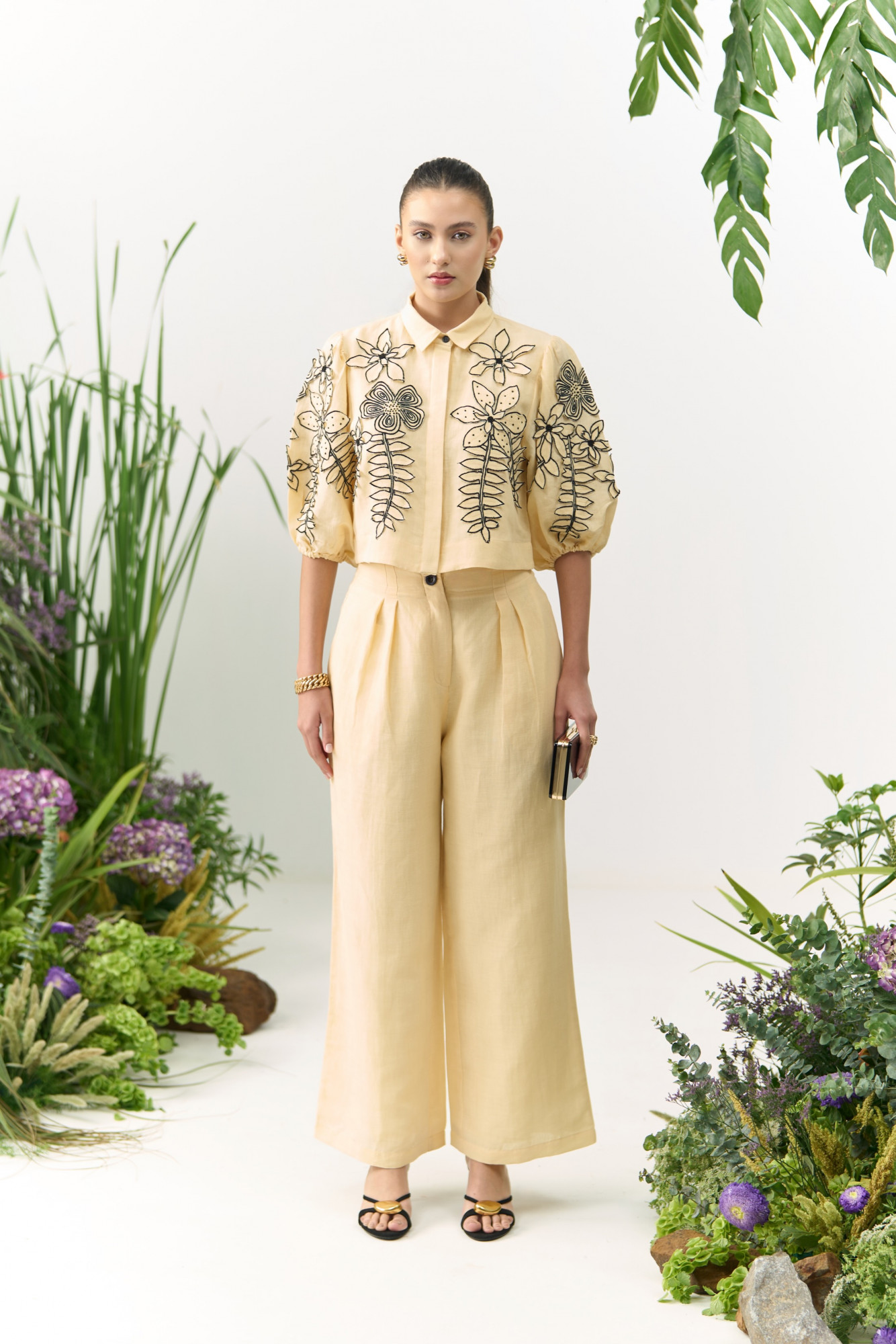 ATELIER RIVIERA BUTTERMILK COLOR COTTON LINEN CROPPED SHIRT PANTS CO-ORD SET WITH 3D FLOWER EMBROIDERY