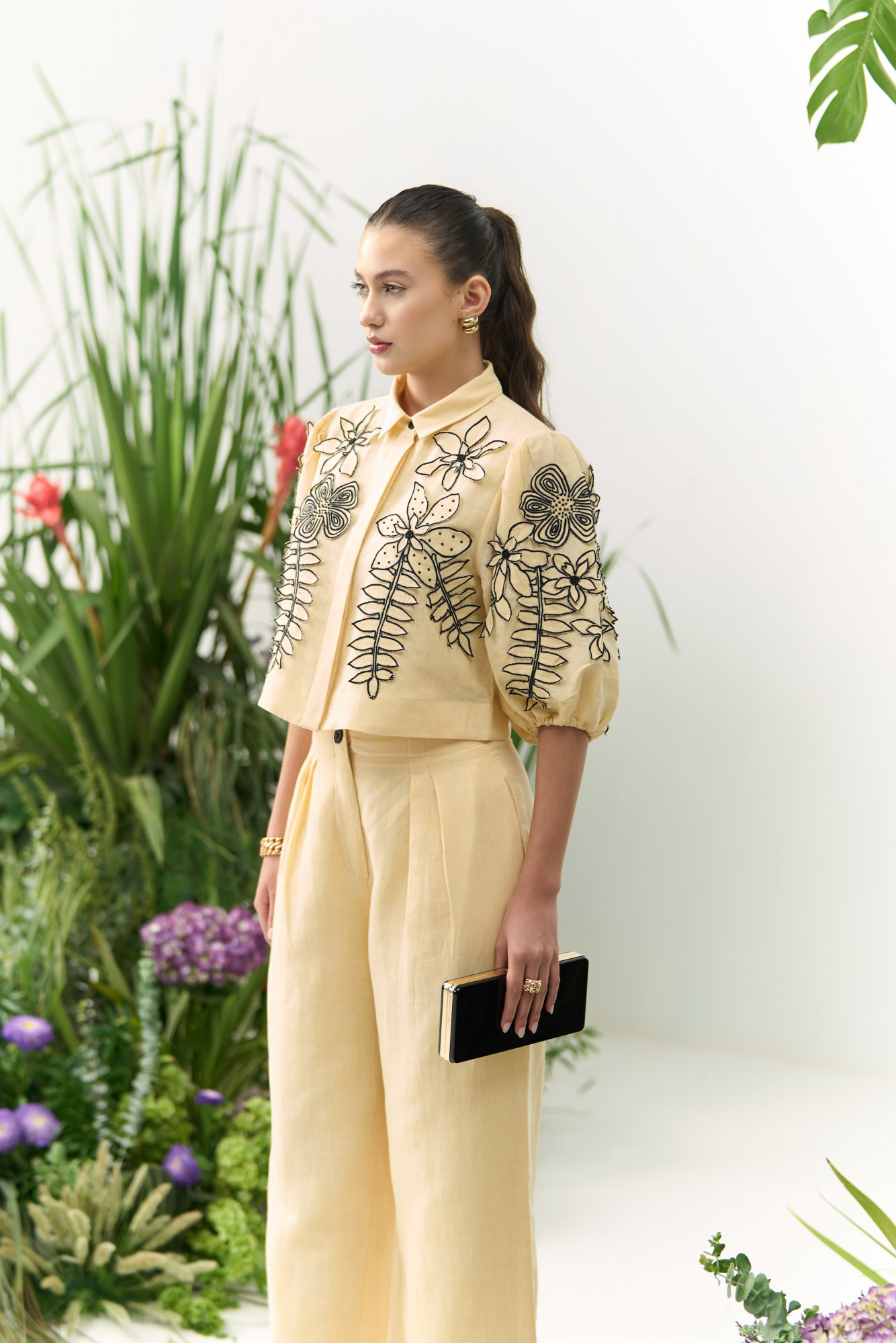 ATELIER RIVIERA BUTTERMILK COLOR COTTON LINEN CROPPED SHIRT PANTS CO-ORD SET WITH 3D FLOWER EMBROIDERY