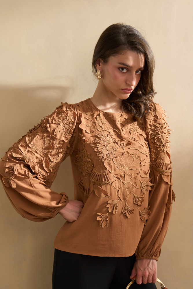 Image of GARDEN OF SICILIA BROWN COLOR FULL SLEEVES TOP WITH DELICATE FLORAL EMBROIDERY