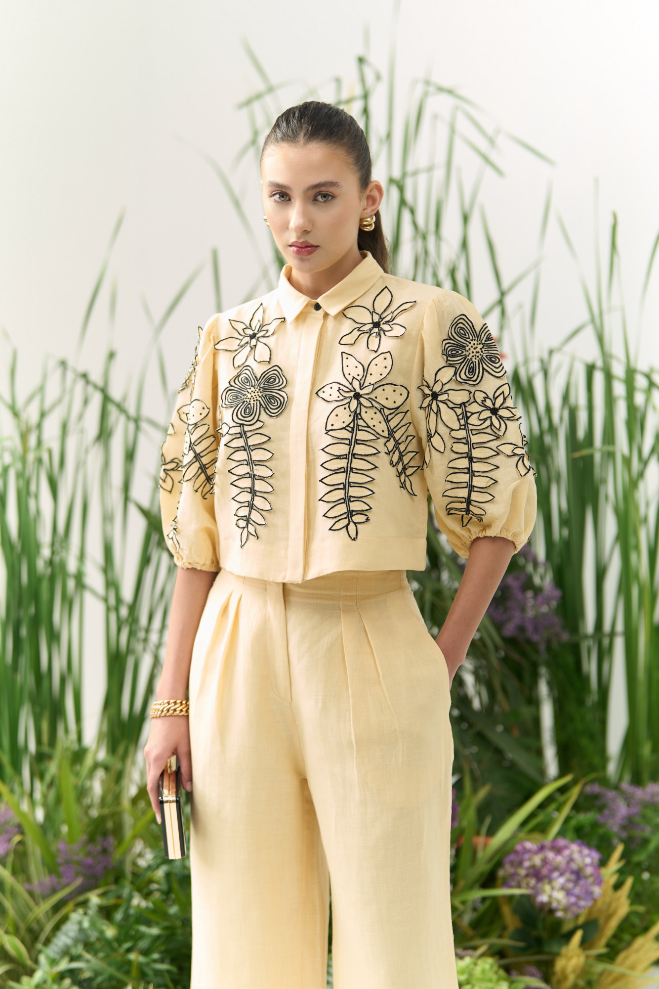 ATELIER RIVIERA BUTTERMILK COLOR COTTON LINEN CROPPED SHIRT PANTS CO-ORD SET WITH 3D FLOWER EMBROIDERY