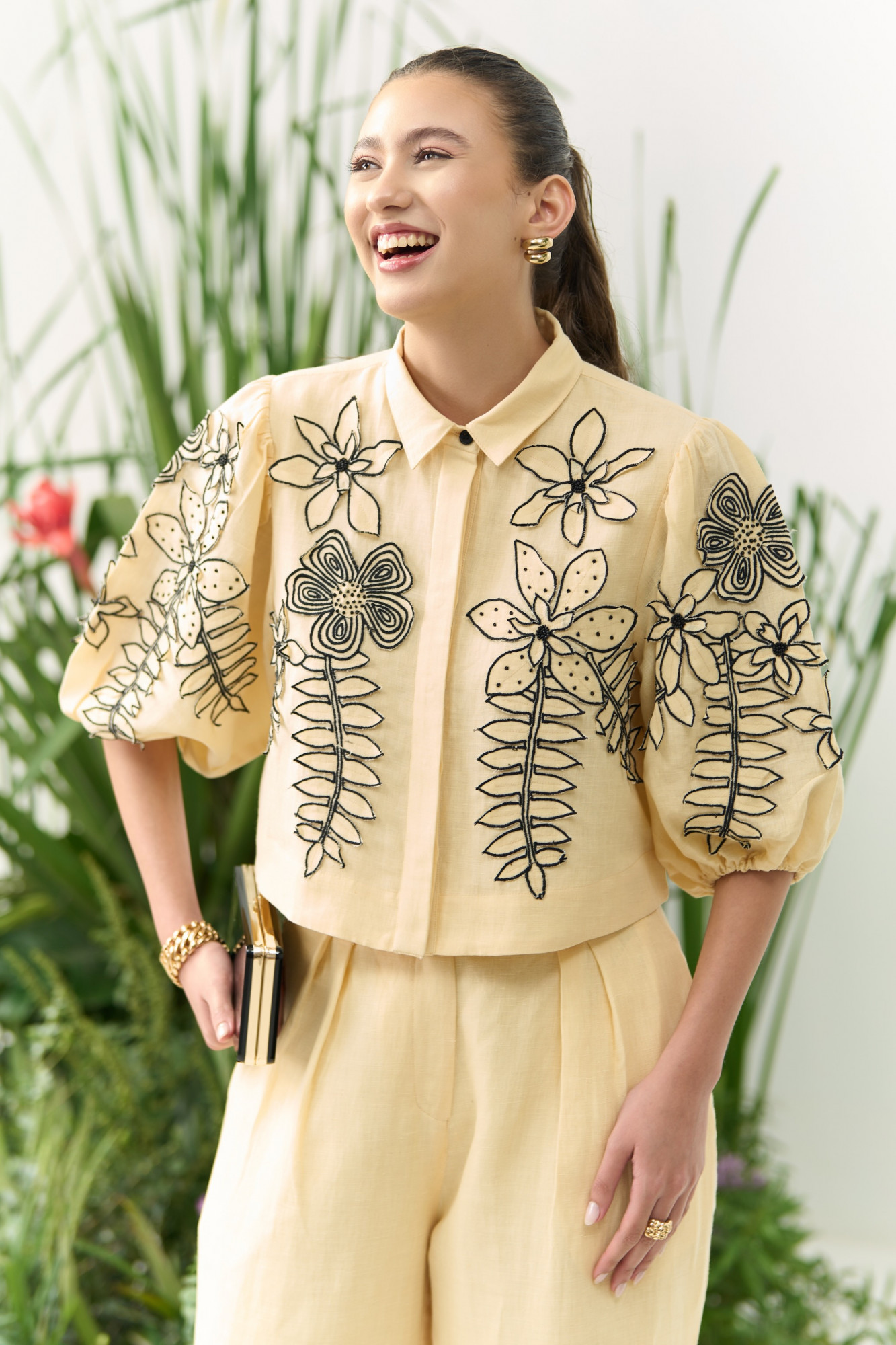 ATELIER RIVIERA BUTTERMILK COLOR COTTON LINEN CROPPED SHIRT PANTS CO-ORD SET WITH 3D FLOWER EMBROIDERY