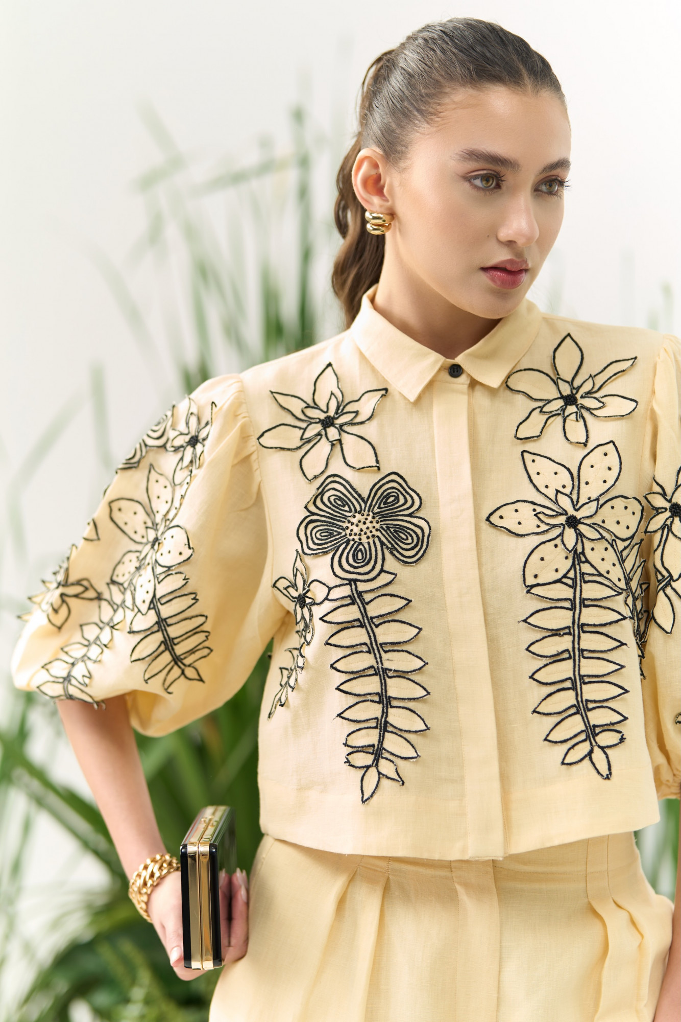 ATELIER RIVIERA BUTTERMILK COLOR COTTON LINEN CROPPED SHIRT PANTS CO-ORD SET WITH 3D FLOWER EMBROIDERY