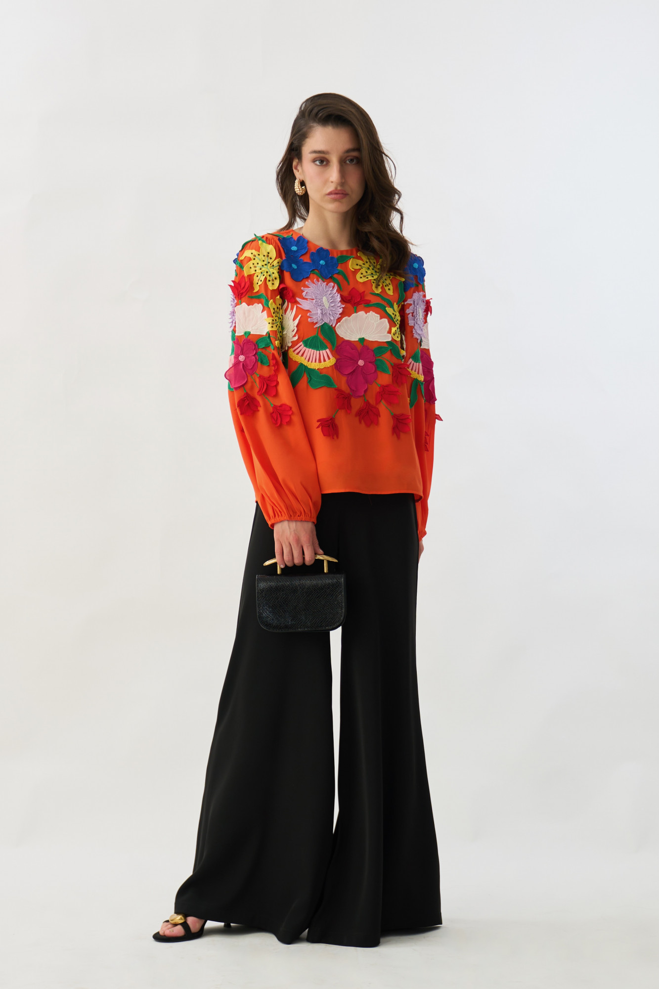 GARDEN OF SICILIA TANGERINE COLOR TOP WITH MULTI COLOR DELICATE FLORAL EMBROIDERY