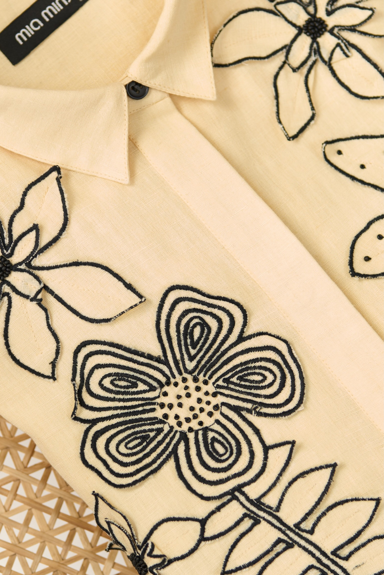 ATELIER RIVIERA BUTTERMILK COLOR COTTON LINEN CROPPED SHIRT PANTS CO-ORD SET WITH 3D FLOWER EMBROIDERY