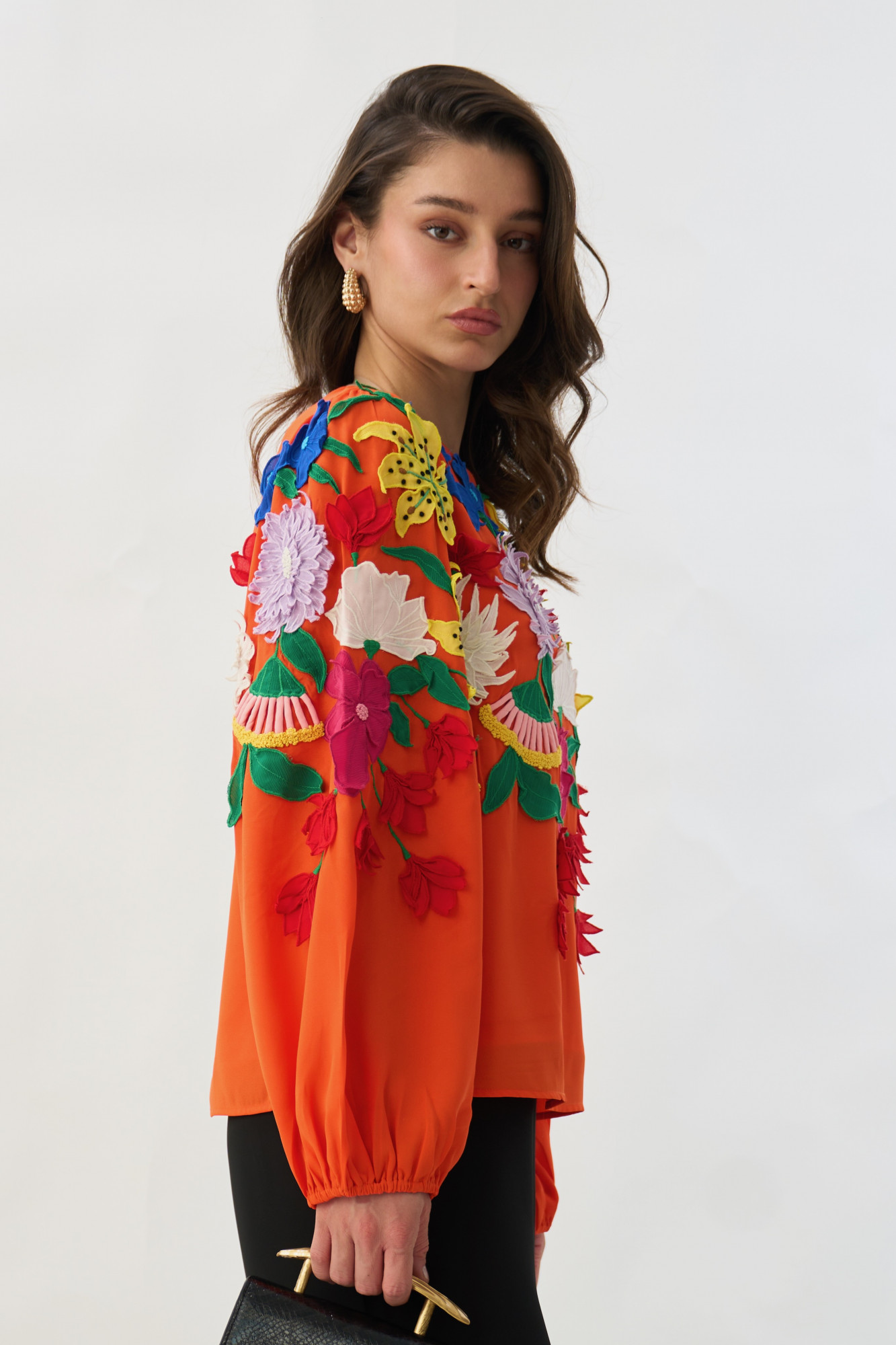 GARDEN OF SICILIA TANGERINE COLOR TOP WITH MULTI COLOR DELICATE FLORAL EMBROIDERY