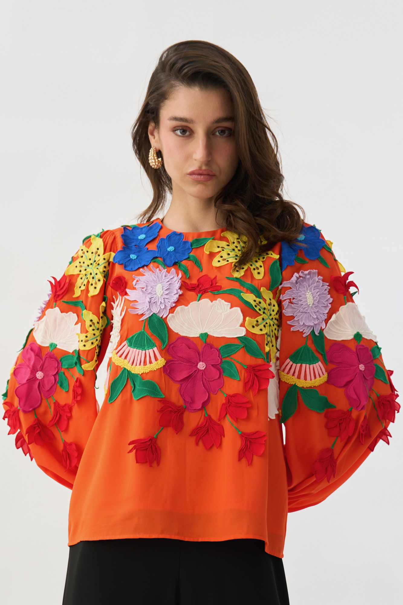 GARDEN OF SICILIA TANGERINE COLOR TOP WITH MULTI COLOR DELICATE FLORAL EMBROIDERY
