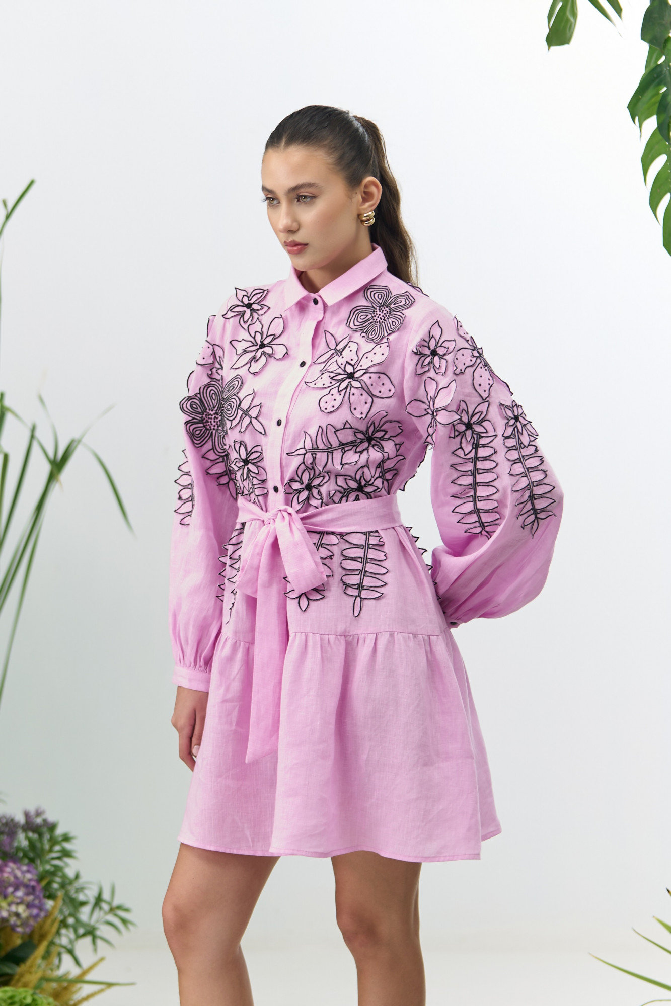 ATELIER RIVIERA LILAC COTTON LINEN KNEE LENGTH TIER SHIRT DRESS WITH FULL SLEEVES AND 3D FLOWER EMBROIDERY