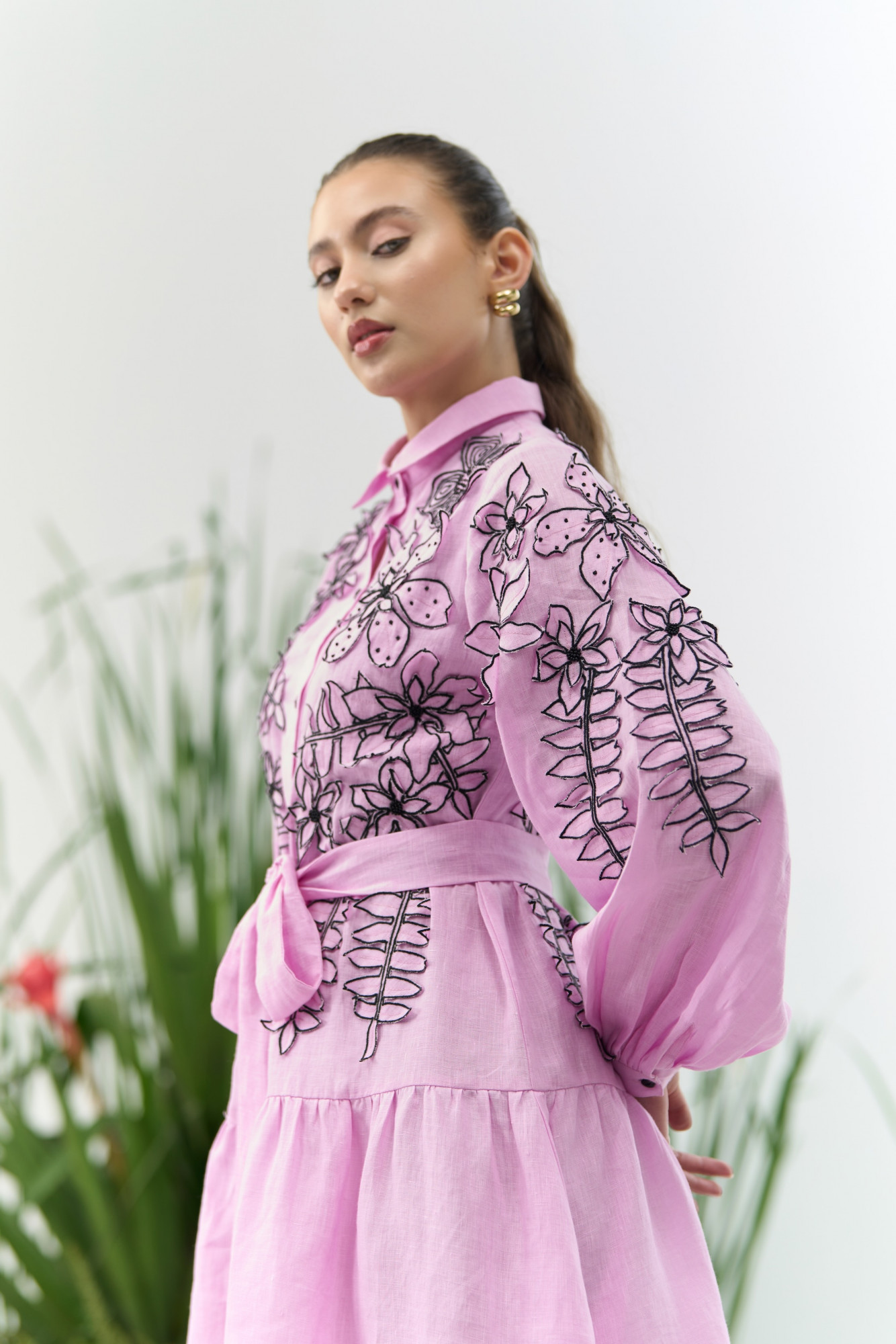 ATELIER RIVIERA LILAC COTTON LINEN KNEE LENGTH TIER SHIRT DRESS WITH FULL SLEEVES AND 3D FLOWER EMBROIDERY