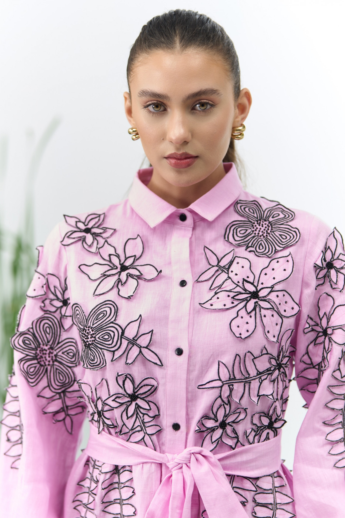 ATELIER RIVIERA LILAC COTTON LINEN KNEE LENGTH TIER SHIRT DRESS WITH FULL SLEEVES AND 3D FLOWER EMBROIDERY