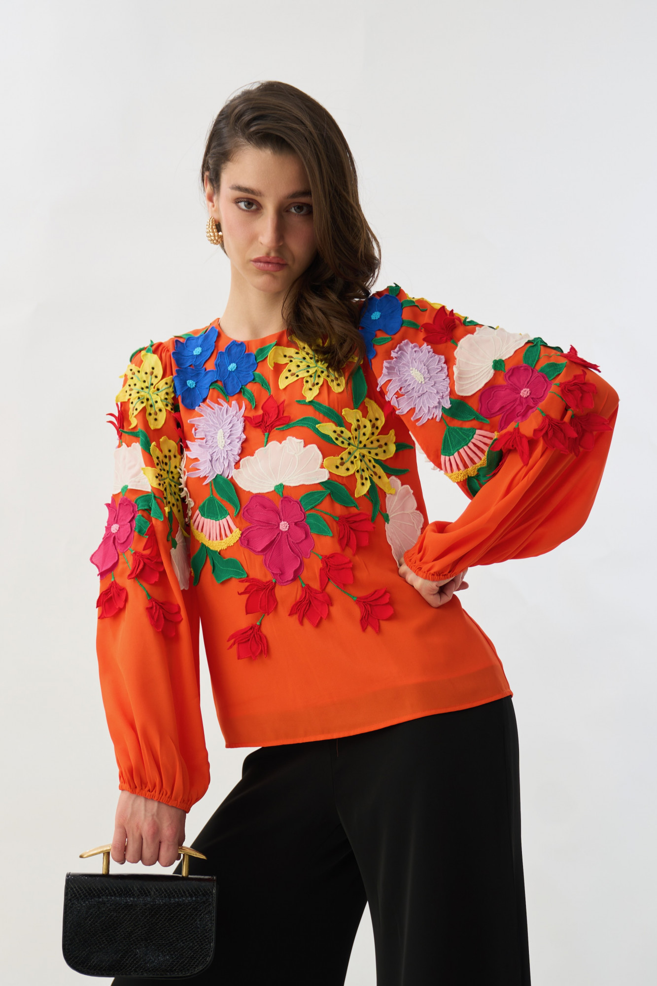 GARDEN OF SICILIA TANGERINE COLOR TOP WITH MULTI COLOR DELICATE FLORAL EMBROIDERY