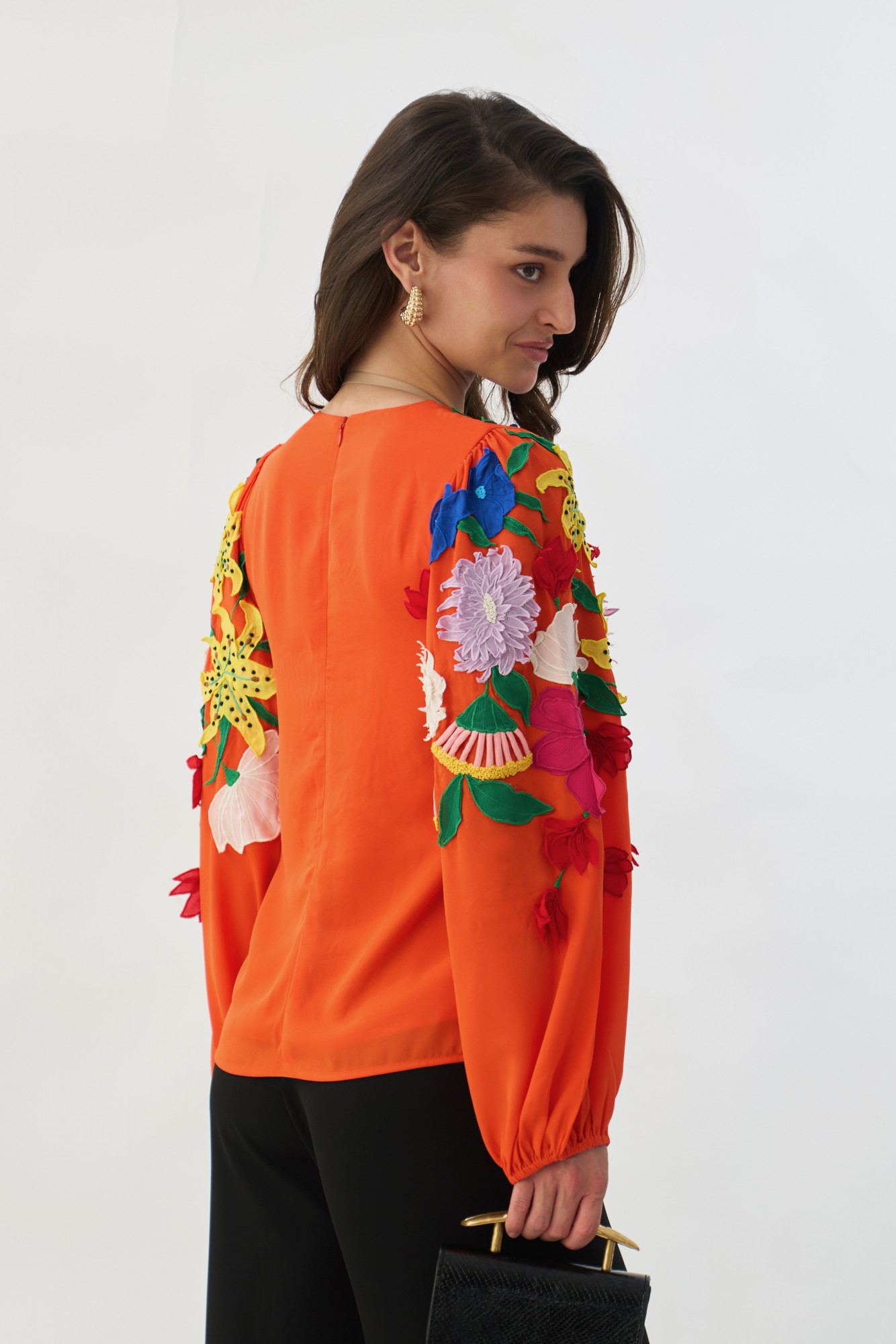 GARDEN OF SICILIA TANGERINE COLOR TOP WITH MULTI COLOR DELICATE FLORAL EMBROIDERY