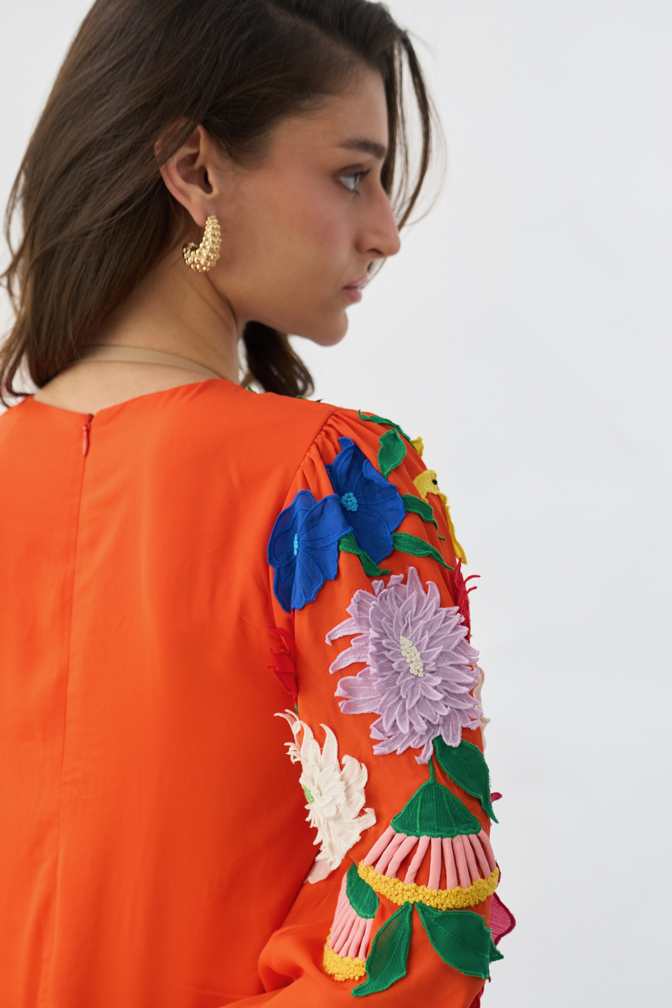 GARDEN OF SICILIA TANGERINE COLOR TOP WITH MULTI COLOR DELICATE FLORAL EMBROIDERY