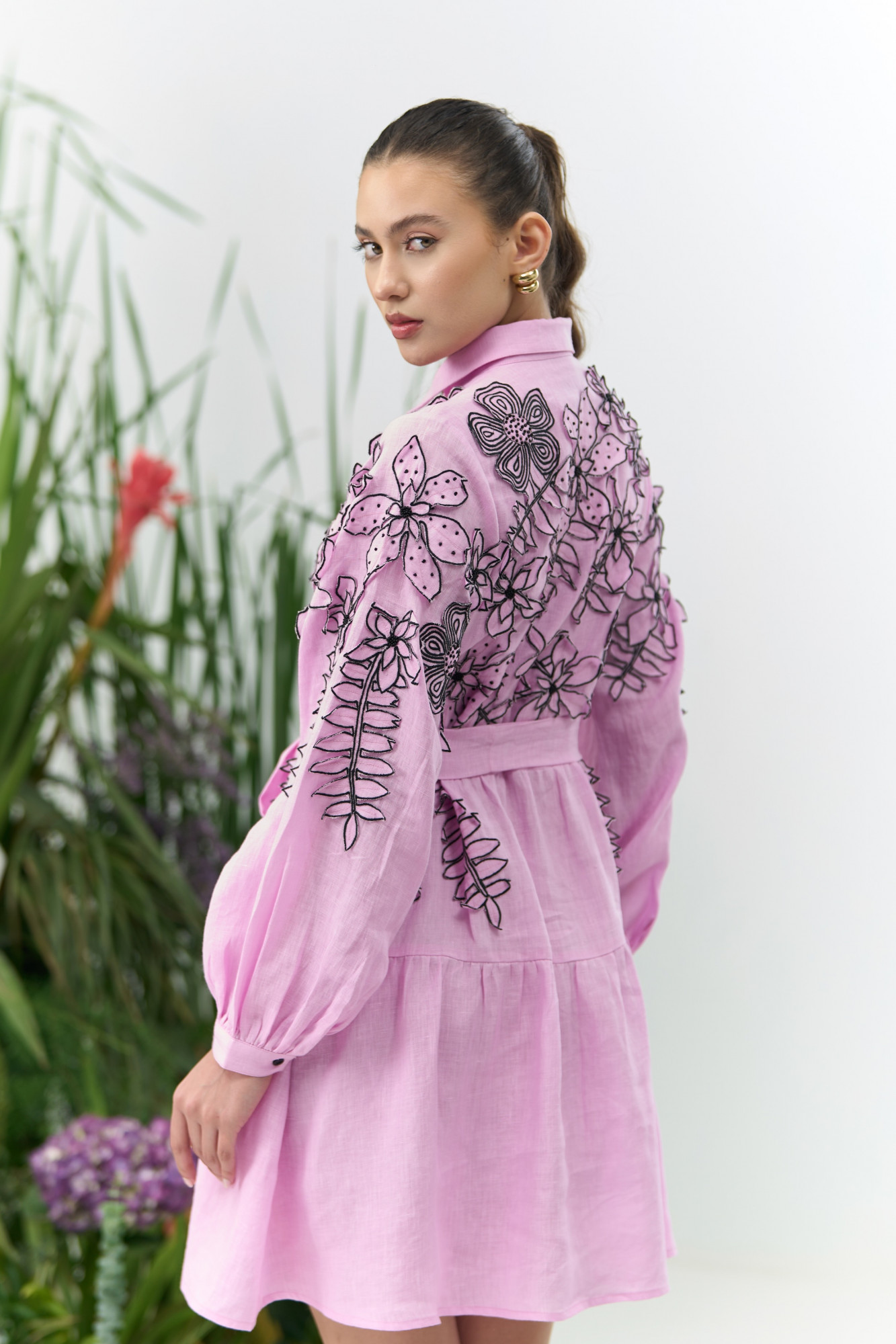 ATELIER RIVIERA LILAC COTTON LINEN KNEE LENGTH TIER SHIRT DRESS WITH FULL SLEEVES AND 3D FLOWER EMBROIDERY