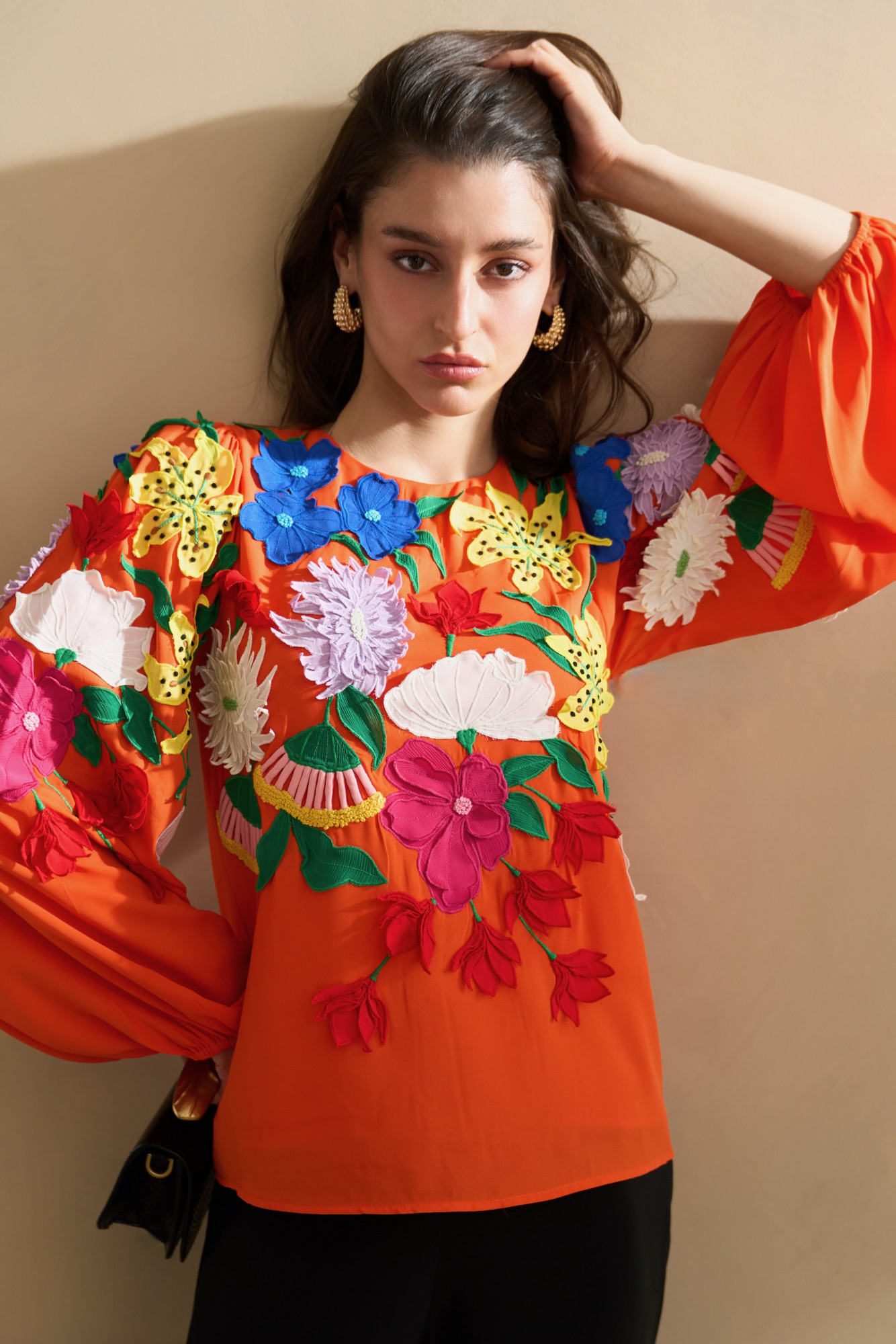 GARDEN OF SICILIA TANGERINE COLOR TOP WITH MULTI COLOR DELICATE FLORAL EMBROIDERY