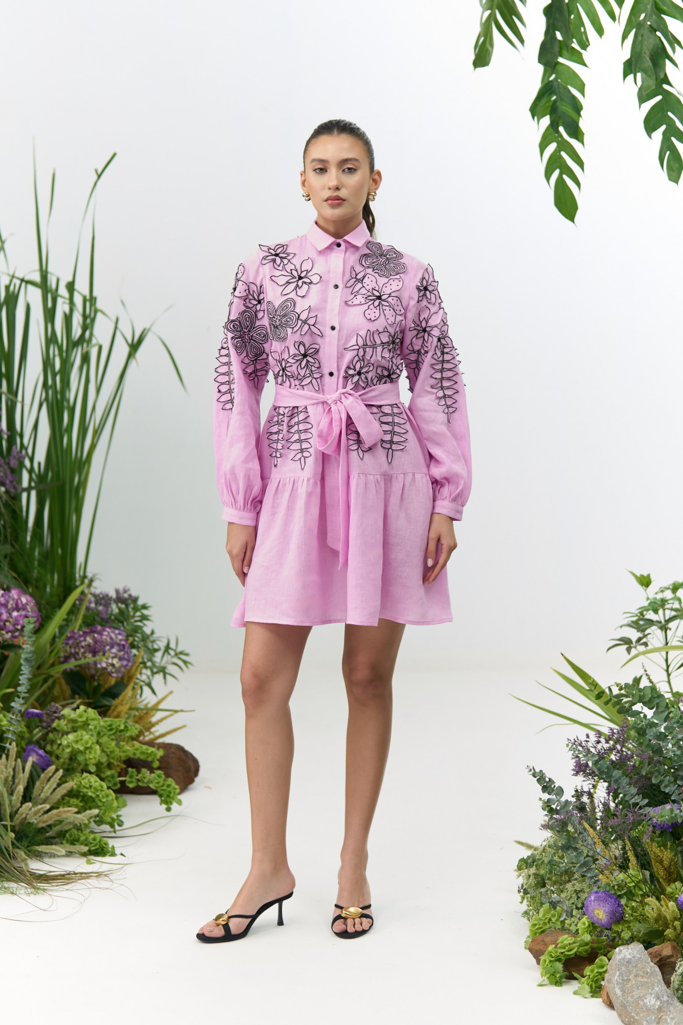 ATELIER RIVIERA LILAC COTTON LINEN KNEE LENGTH TIER SHIRT DRESS WITH FULL SLEEVES AND 3D FLOWER EMBROIDERY