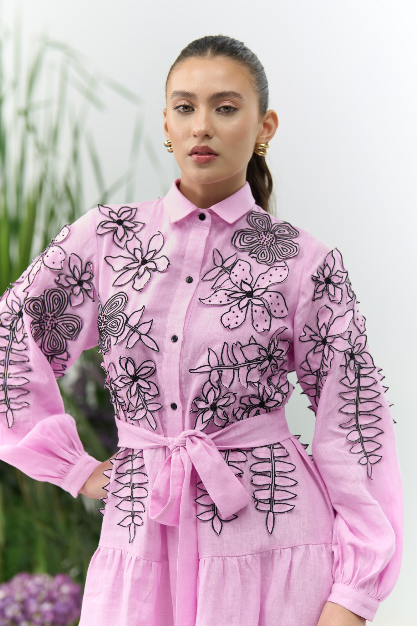ATELIER RIVIERA LILAC COTTON LINEN KNEE LENGTH TIER SHIRT DRESS WITH FULL SLEEVES AND 3D FLOWER EMBROIDERY