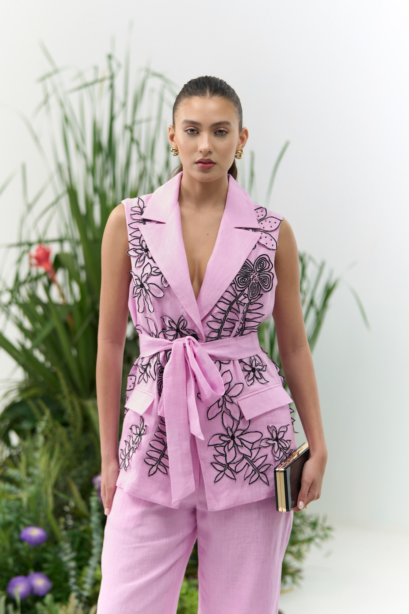 ATELIER RIVIERA LILAC COLOR COTTON LINEN SLEEVELESS JACKET PANTS CO-ORD SET WITH 3D FLOWER EMBROIDERY