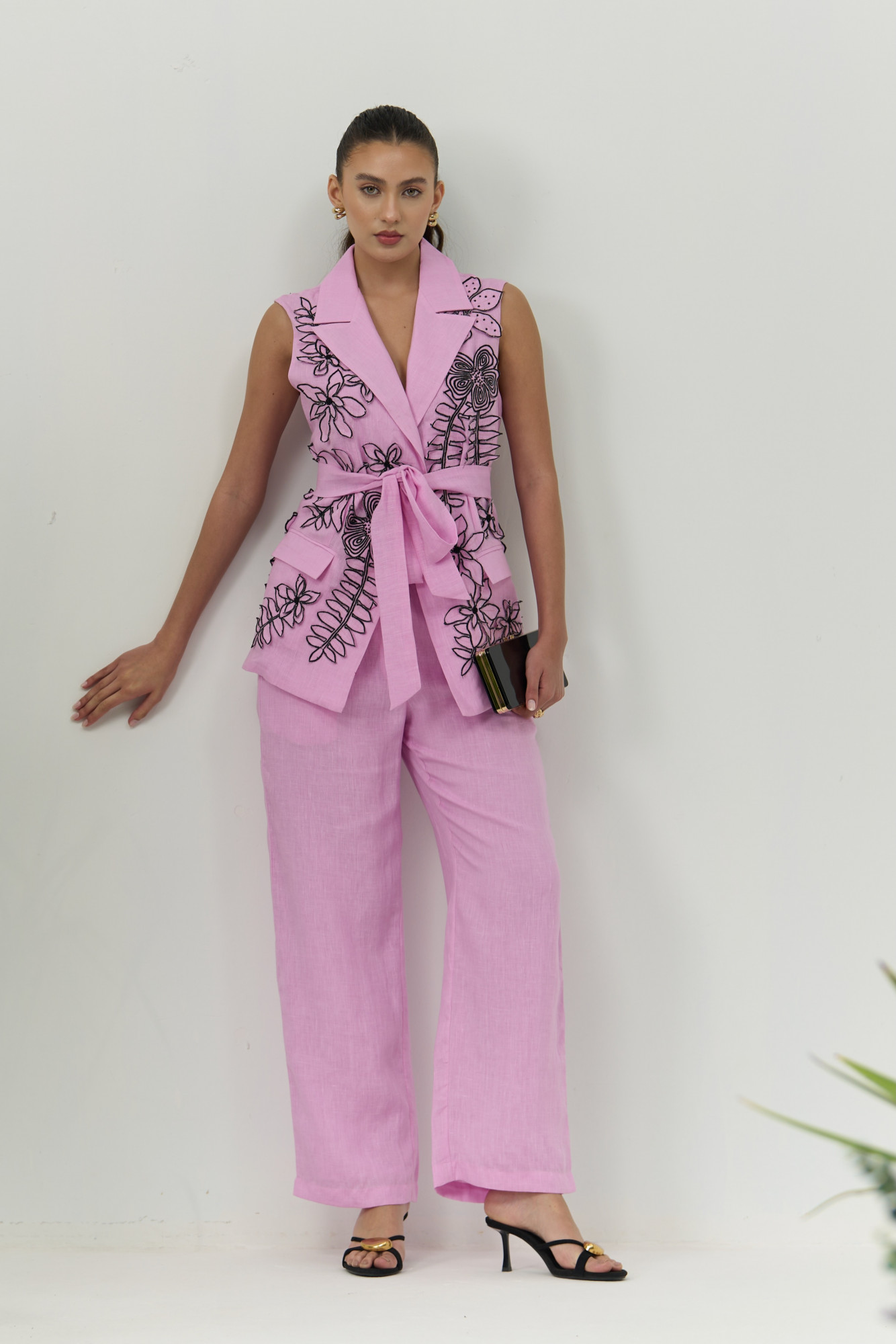ATELIER RIVIERA LILAC COLOR COTTON LINEN SLEEVELESS JACKET PANTS CO-ORD SET WITH 3D FLOWER EMBROIDERY