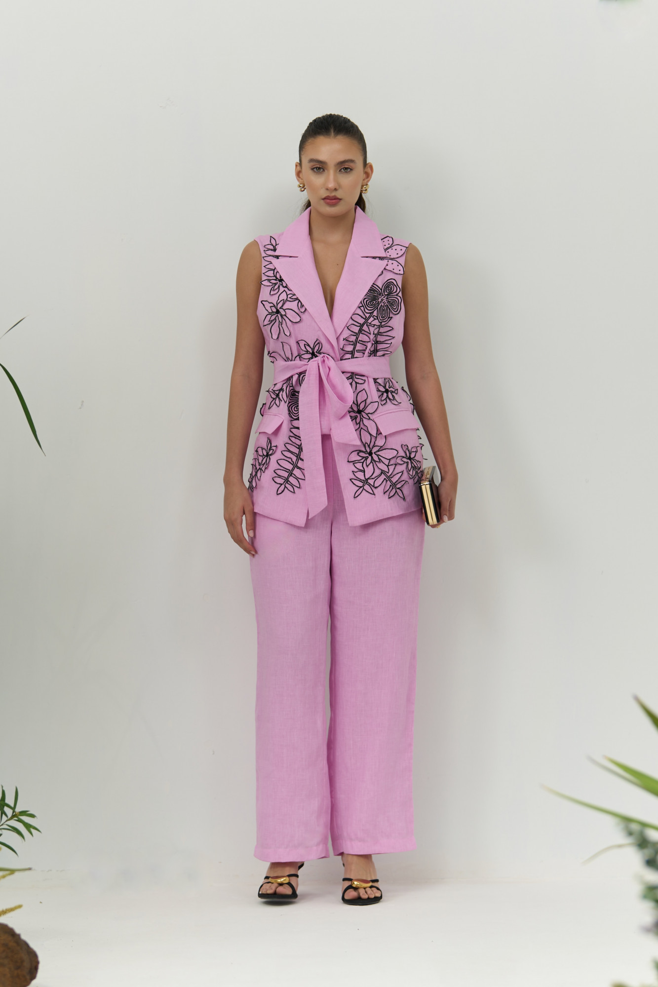 ATELIER RIVIERA LILAC COLOR COTTON LINEN SLEEVELESS JACKET PANTS CO-ORD SET WITH 3D FLOWER EMBROIDERY