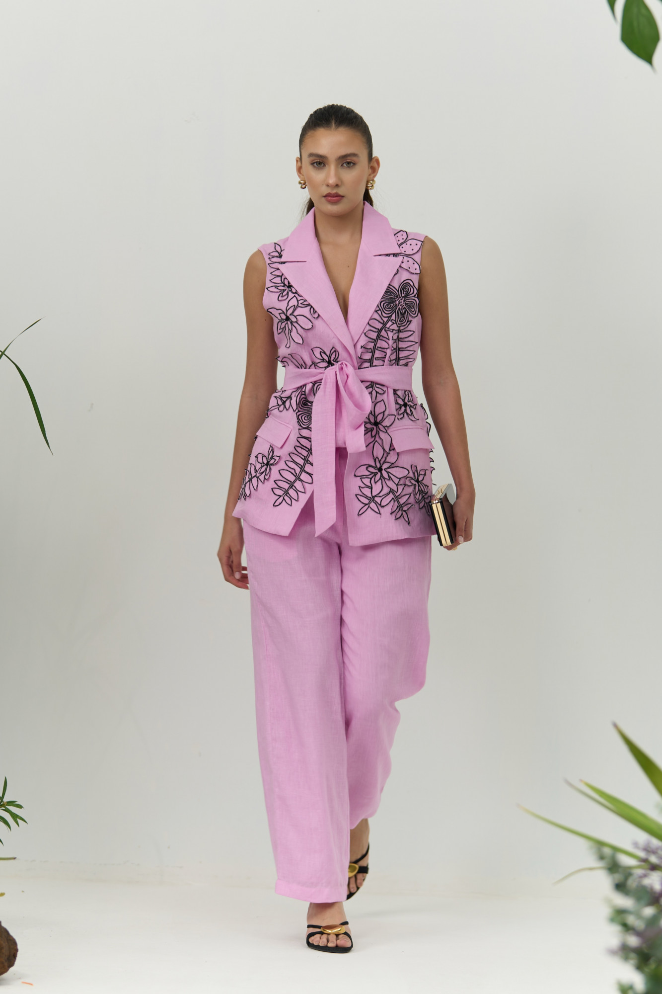 ATELIER RIVIERA LILAC COLOR COTTON LINEN SLEEVELESS JACKET PANTS CO-ORD SET WITH 3D FLOWER EMBROIDERY