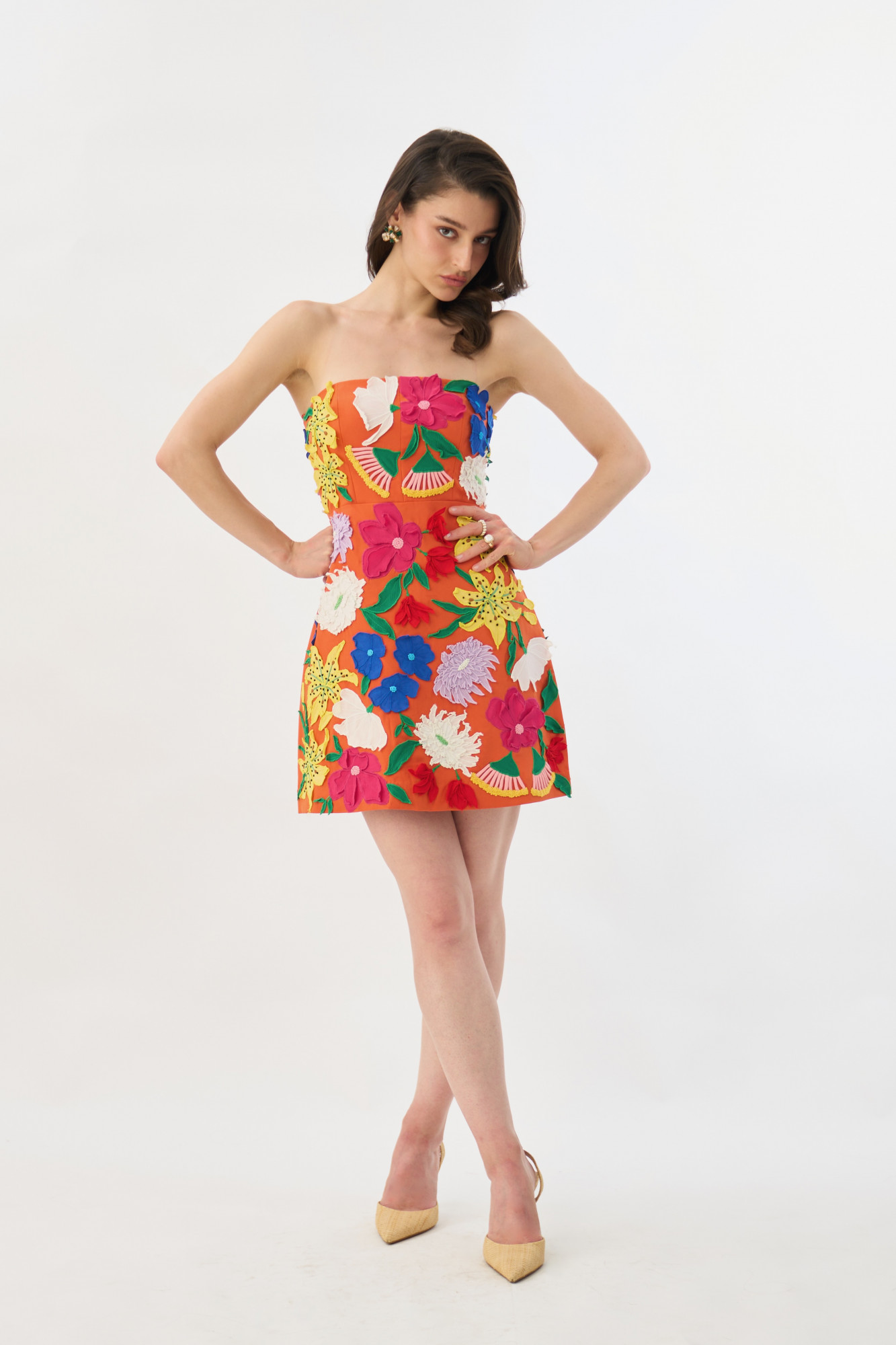 GARDEN OF SICILIA TANGERINE COLOR OFF SHOULDER CORSET DRESS WITH DELICATE MULTI COLOR FLORAL EMBROIDERY