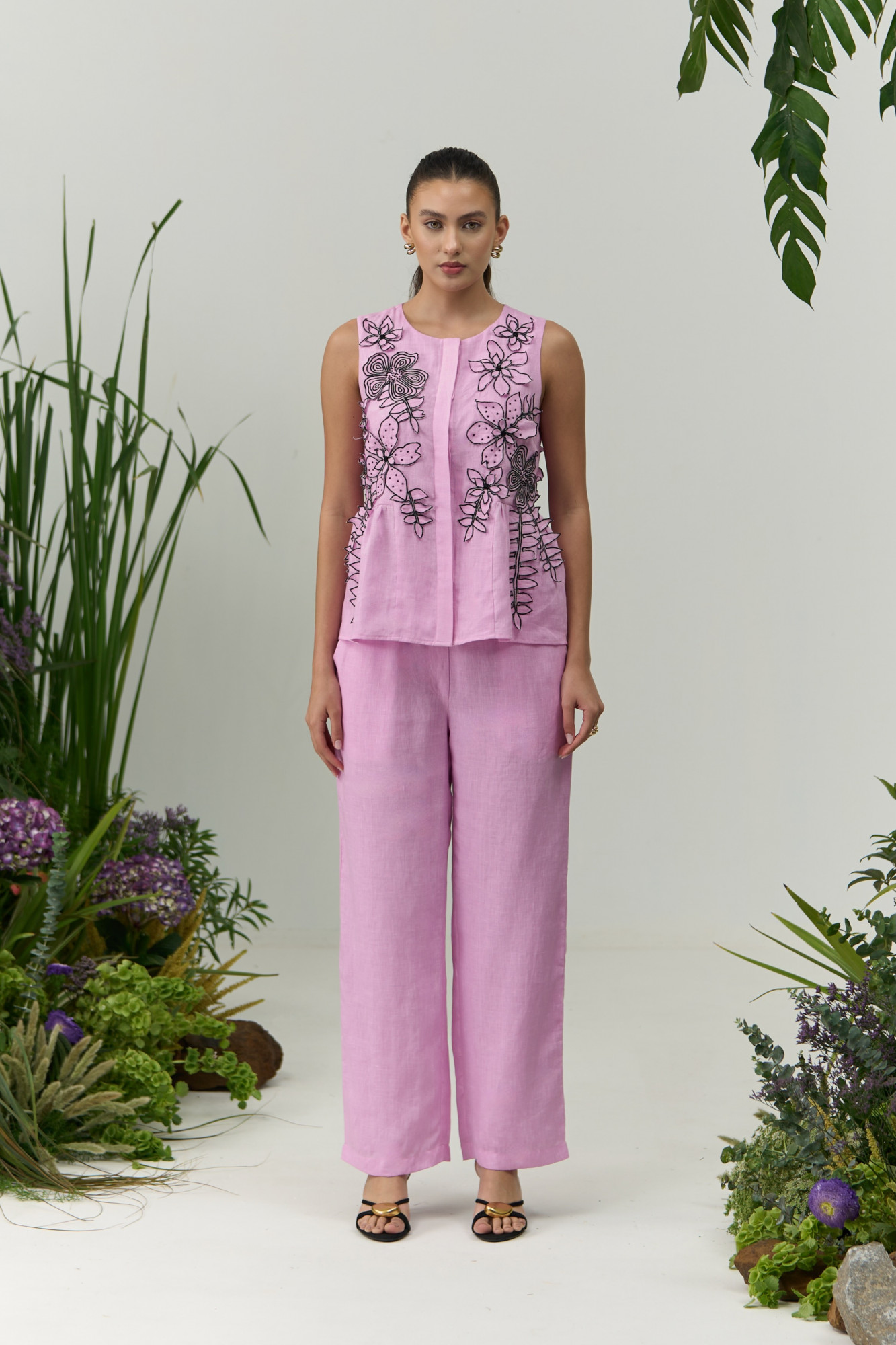 ATELIER RIVIERA LILAC COLOR COTTON LINEN TOP PANT CO-ORD SET WITH 3D FLOWER EMBROIDERY