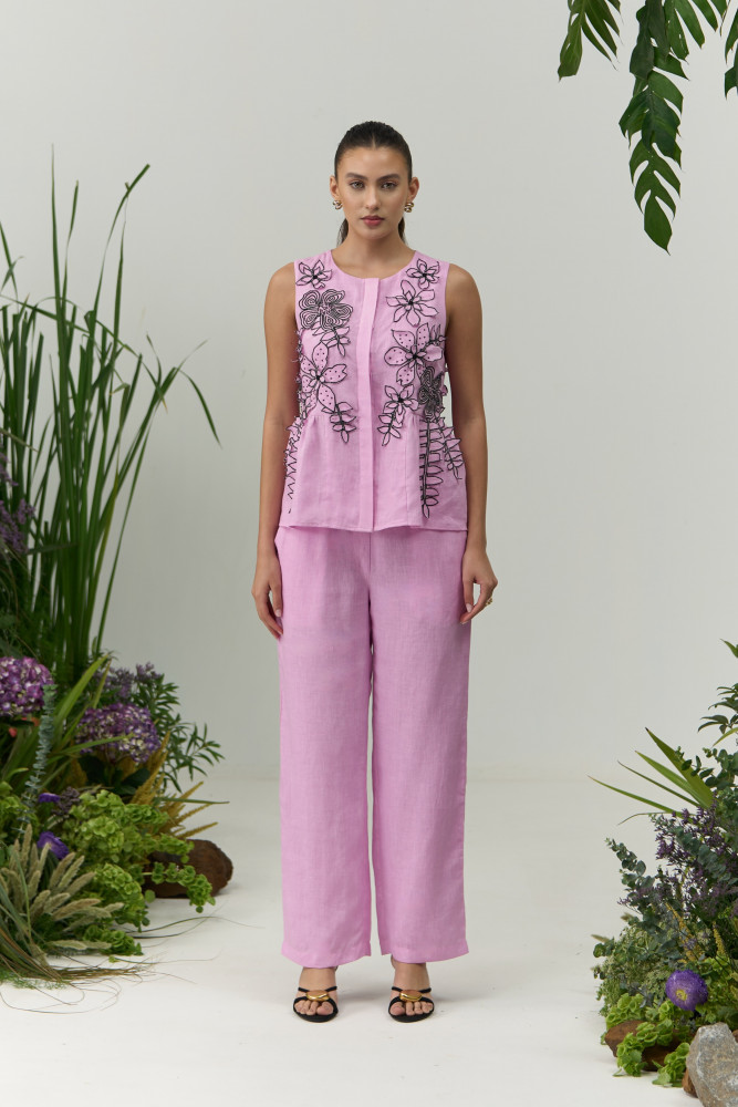 Image of ATELIER RIVIERA LILAC COLOR COTTON LINEN TOP &amp; PANT CO-ORD SET WITH 3D FLOWER EMBROIDERY