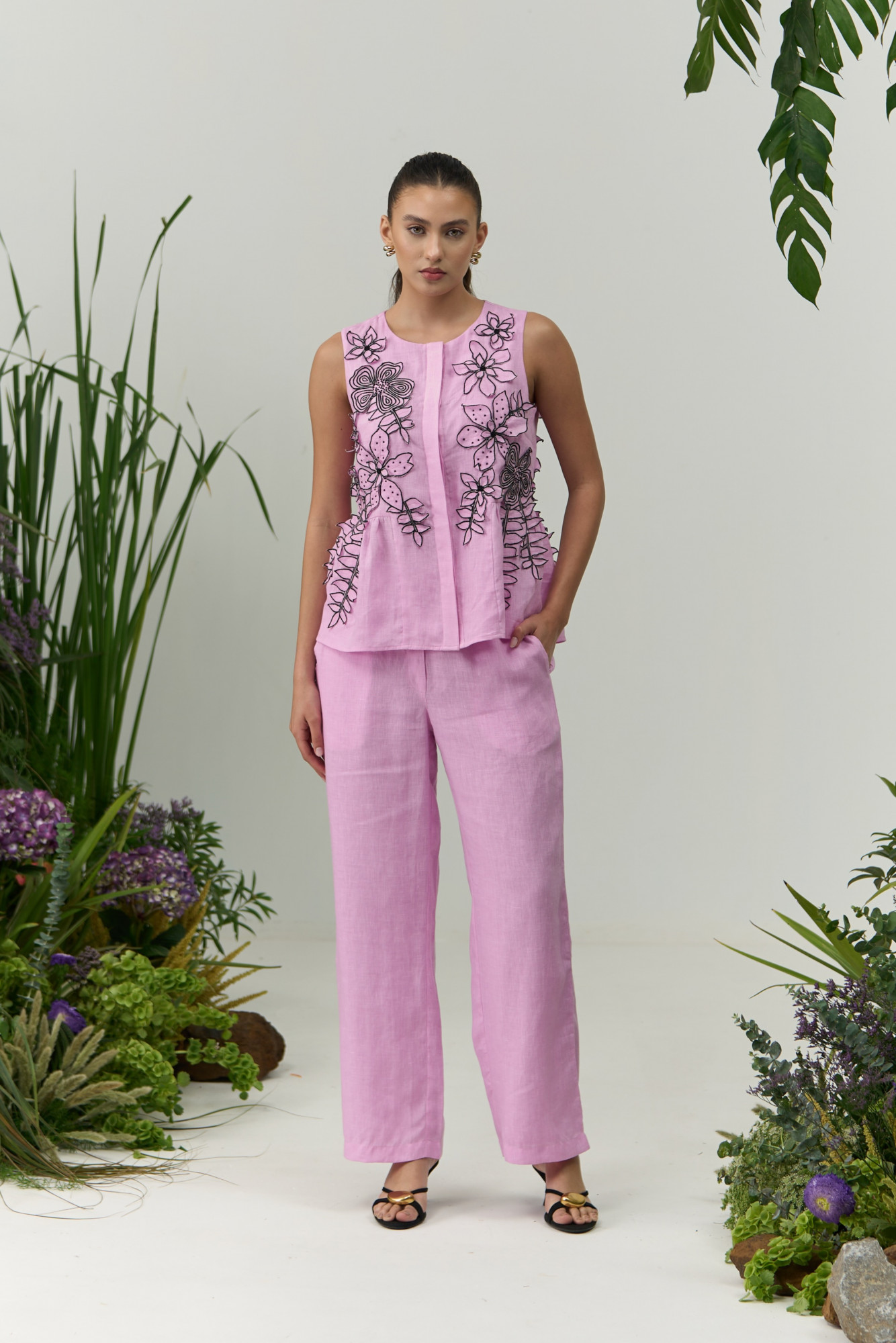 ATELIER RIVIERA LILAC COLOR COTTON LINEN TOP PANT CO-ORD SET WITH 3D FLOWER EMBROIDERY