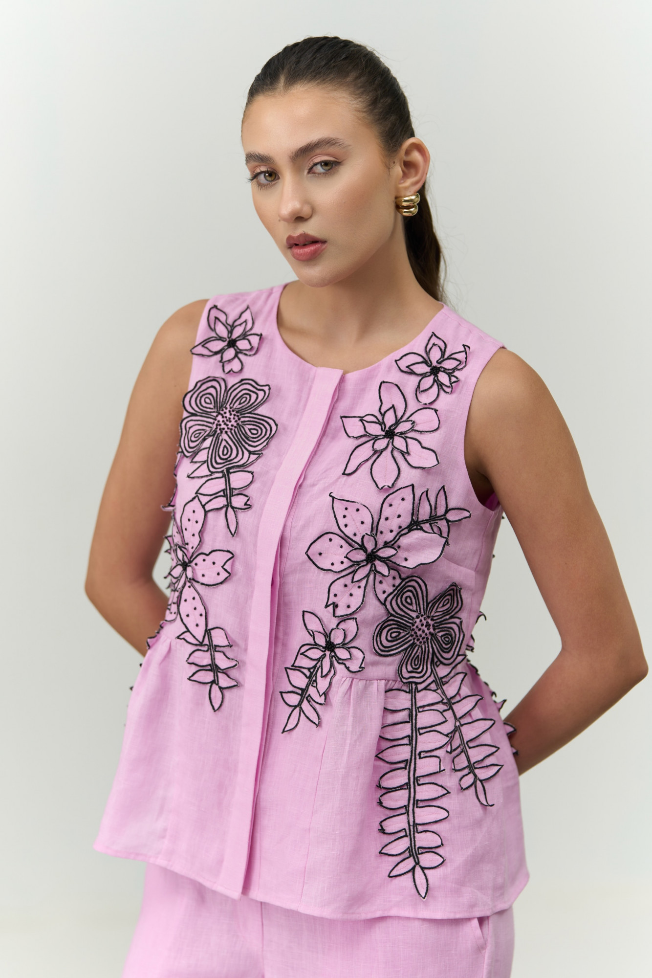 ATELIER RIVIERA LILAC COLOR COTTON LINEN TOP PANT CO-ORD SET WITH 3D FLOWER EMBROIDERY
