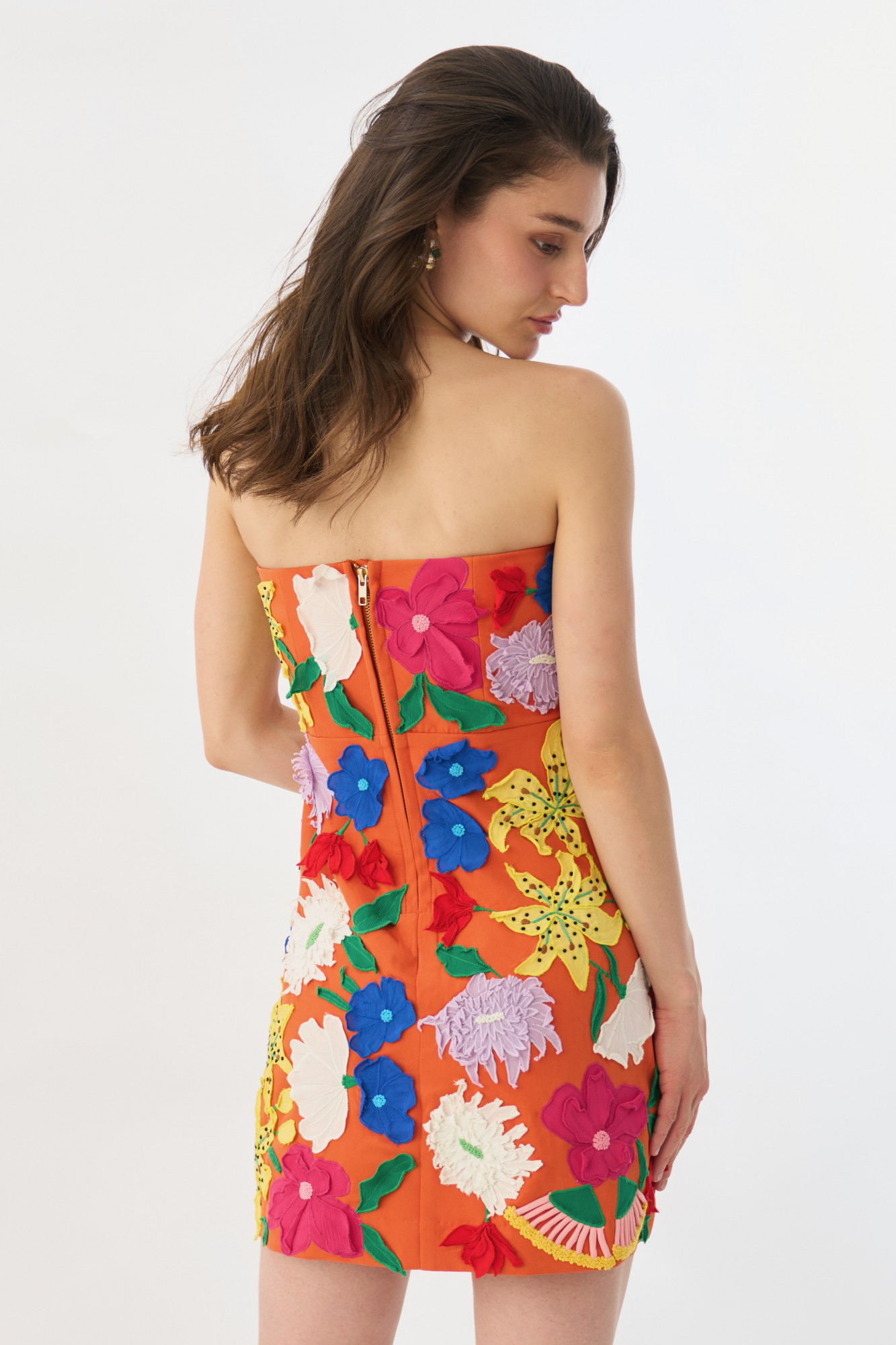 GARDEN OF SICILIA TANGERINE COLOR OFF SHOULDER CORSET DRESS WITH DELICATE MULTI COLOR FLORAL EMBROIDERY