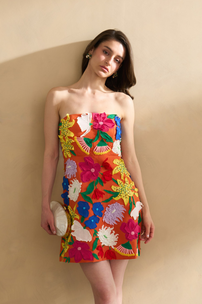 Image of GARDEN OF SICILIA TANGERINE COLOR OFF SHOULDER CORSET DRESS WITH DELICATE MULTI COLOR FLORAL EMBROIDERY